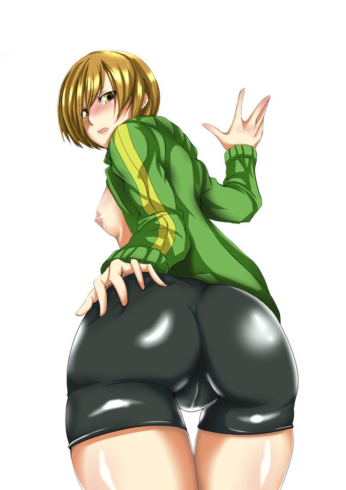 ass bike_shorts bottomwear breasts clothing female gggg human nipples outerwear persona persona_4 satonaka_chie short_hair shorts sportswear sweat tomboy