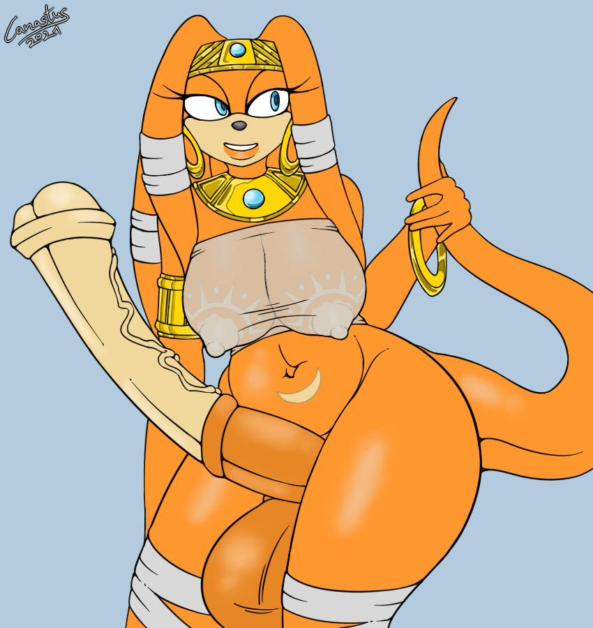 1futa 2021 anthro black_nose blue_eyes bottomless breast_markings breasts canastus ear_piercing echidna eyelashes furry futanari hair half-closed_eyes jewelry large_penis lips long_tail markings nipples orange_body orange_hair penis piercing ring smile solo sonic_(series) standing tail tail_grab tikal_the_echidna uncensored