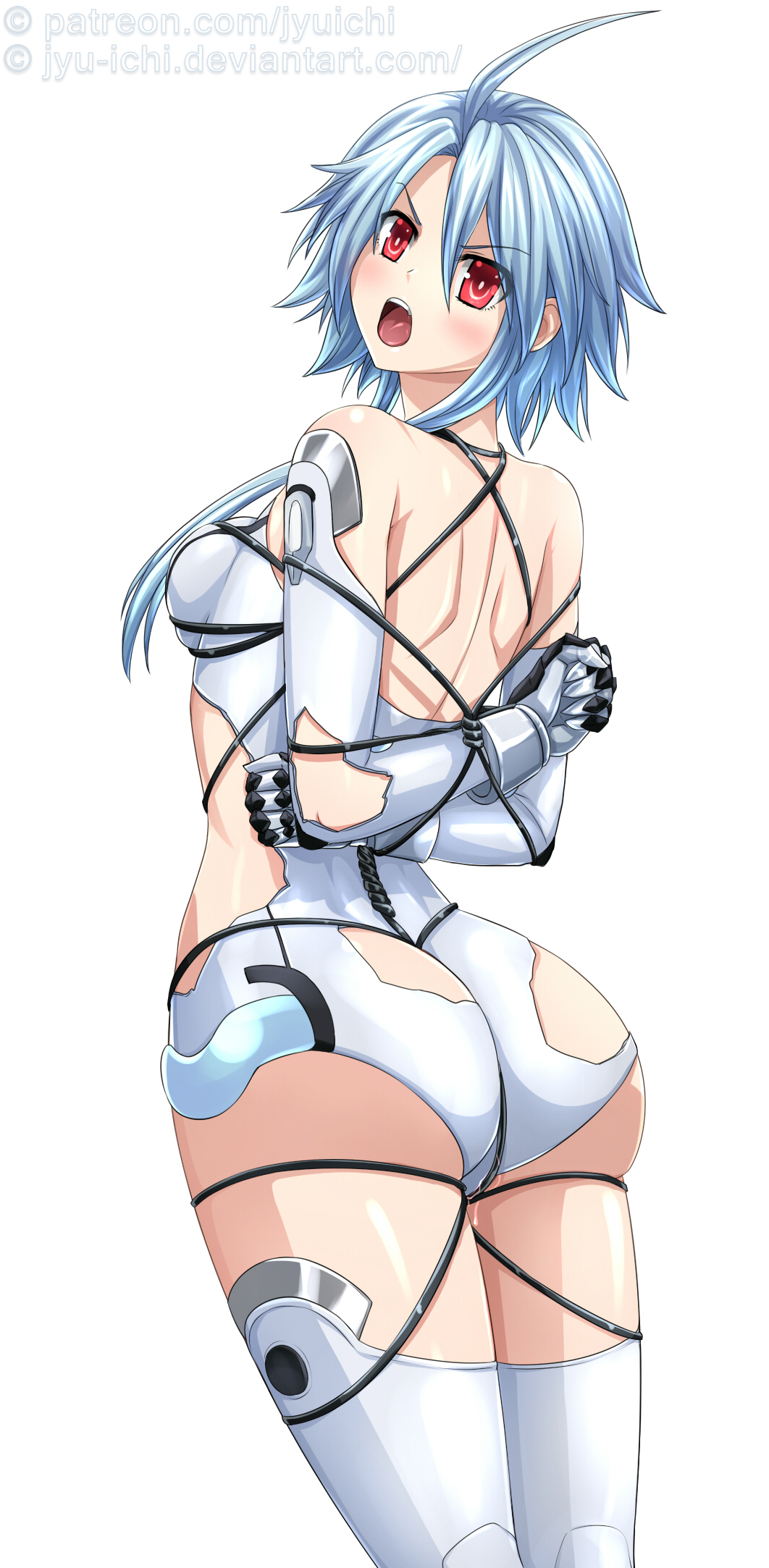 angry, ass, blanc, blue hair, bondage, female, goddess, leotard, looking at viewer, looking back, neptunia (series), simple background, white heart