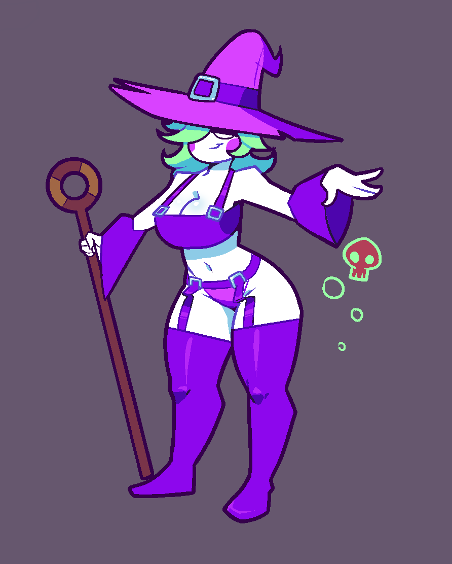 big_breasts bubbles candies_n'_curses cheek_markings garter_belt garter_straps green_hair long_hair magic necro_scholar necro_witch necromancer panties peppergiz simple_eyes simple_face skull smirk smug staff tight_clothing tight_underwear witch witch_hat