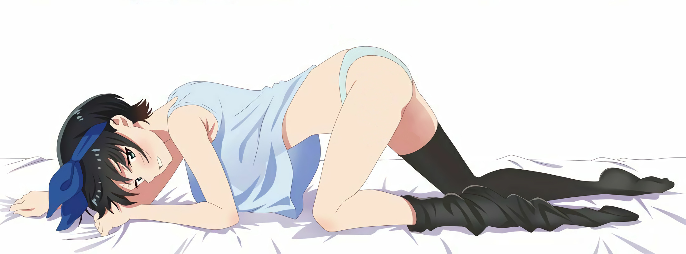 1girls, all fours, arm support, aroused, ass, ass up, black hair, black legwear, black thighhighs, blue eyes, blush, breasts, face down, female, fit, fit female, grabbing sheets, hanging breasts, high resolution, horny, kanojo okarishimasu, large breasts, looking back, official art, pantsu, pose, ribbon, sarashina ruka, see-through, see-through silhouette, sheets, short hair, silhouette, solo, tank top, thighhighs, thighs, third-party edit, underwear, undressing