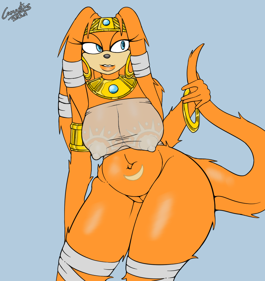 breasts canastus clothing ear_piercing echidna eyelashes female hair half-closed_eyes jewelry lips long_tail markings nipples orange_body orange_hair piercing pussy ring smile solo sonic_(series) standing tail tail_grab tight_clothing tikal_the_echidna