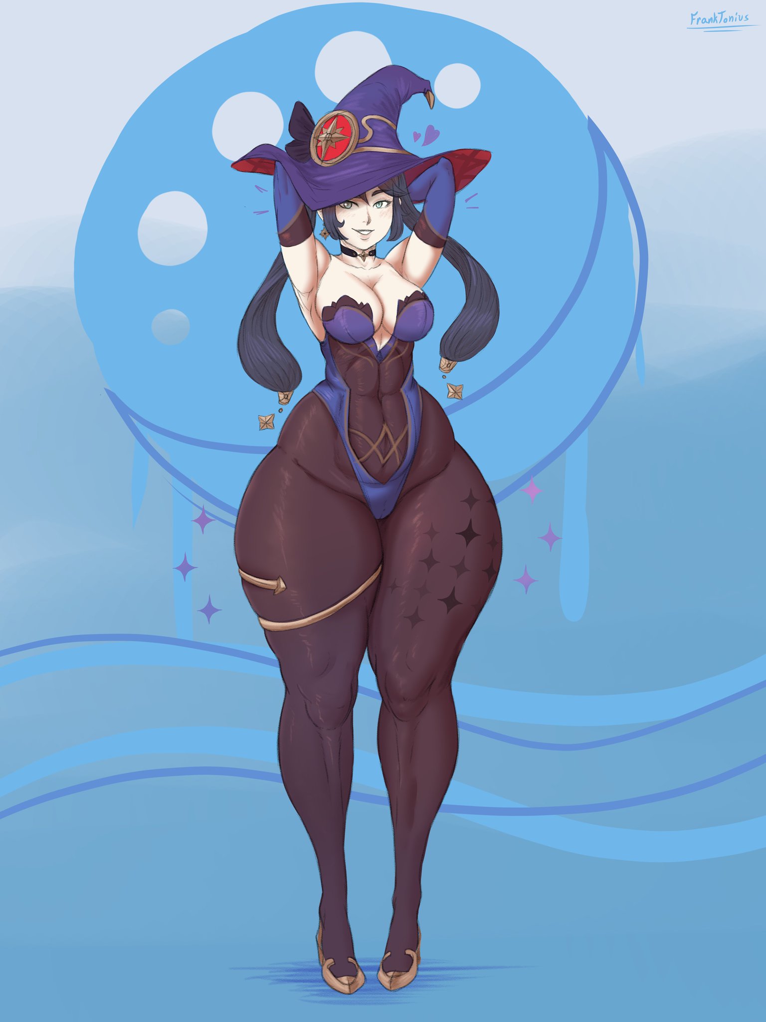 abstract background, armpits, arms up, armwear, artist name, big hat, big thighs, blue background, blue clothing, blue headwear, bottom heavy, breasts, cameltoe, child bearing hips, cleft of venus, crescent moon, curvy, female, franktonius, front view, full body, genshin impact, hands behind head, hat, knees, mona (genshin impact), pussy, smile, solo, standing, subtle pussy, thick, thick thighs, thighhighs, thighlet, thighs, wide hips, witch hat, wizard hat