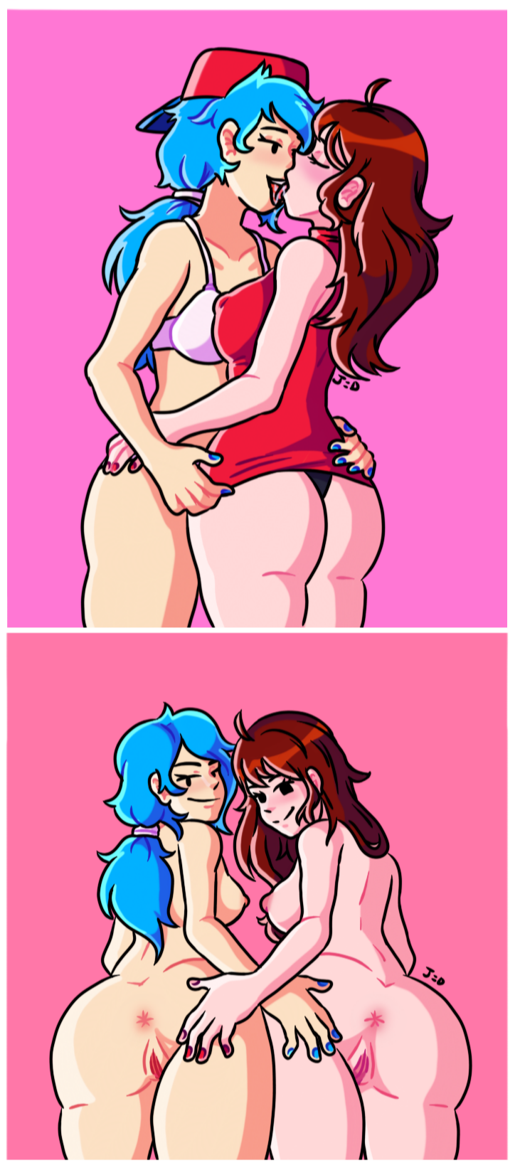 2girls ahoge anus ass asshole auburn_hair backwards_baseball_cap baseball_cap big_ass big_breasts big_butt black_panties blue_hair boyfriend_(friday_night_funkin) breasts butt cherryjelly clothed clothed_female colored duo female female/female female_boyfriend_(friday_night_funkin) female_focus female_on_female female_only friday_night_funkin girlfriend_(friday_night_funkin) human kissing lesbian long_hair looking_at_viewer looking_back multiple_girls nude nude_female panties ponytail presenting presenting_hindquarters presenting_partner red_dress rule_63 simple_background take_your_pick thick_thighs tongue tongue_kiss tongue_out uncensored yuri