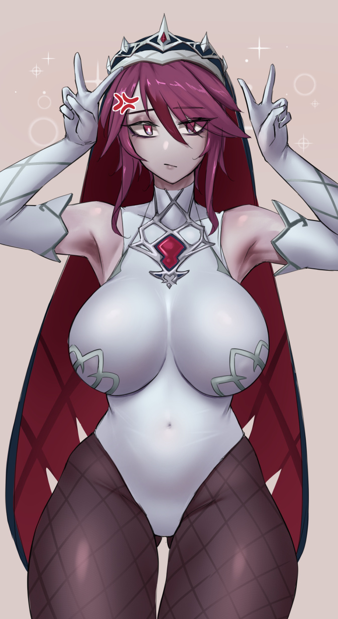 anger vein, annoyed, armpits, ass visible through thighs, breasts, double v, female, female only, fishnets, genshin impact, large breasts, leotard, looking at viewer, nun, pantyhose, purple eyes, purple hair, roresu, rosaria (genshin impact), v, veil