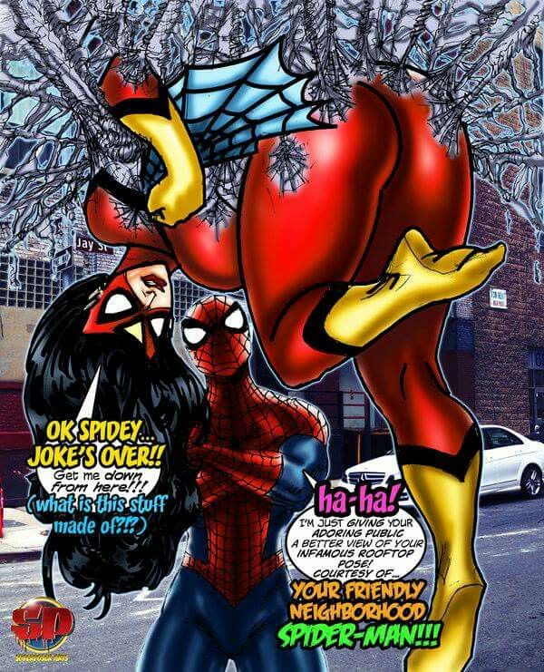 1boy 1girls ass black_hair clothing costume dialogue english_text female humiliation jessica_drew legs lips lipstick long_hair lower_body male maledom marvel marvel_comics mask masked peter_parker prank restrained speech_bubble spider-man spider-man_(series) spider-woman straight_hair superheroine superposer symbol text thighs tight_clothing upper_body voluptuous watermark web