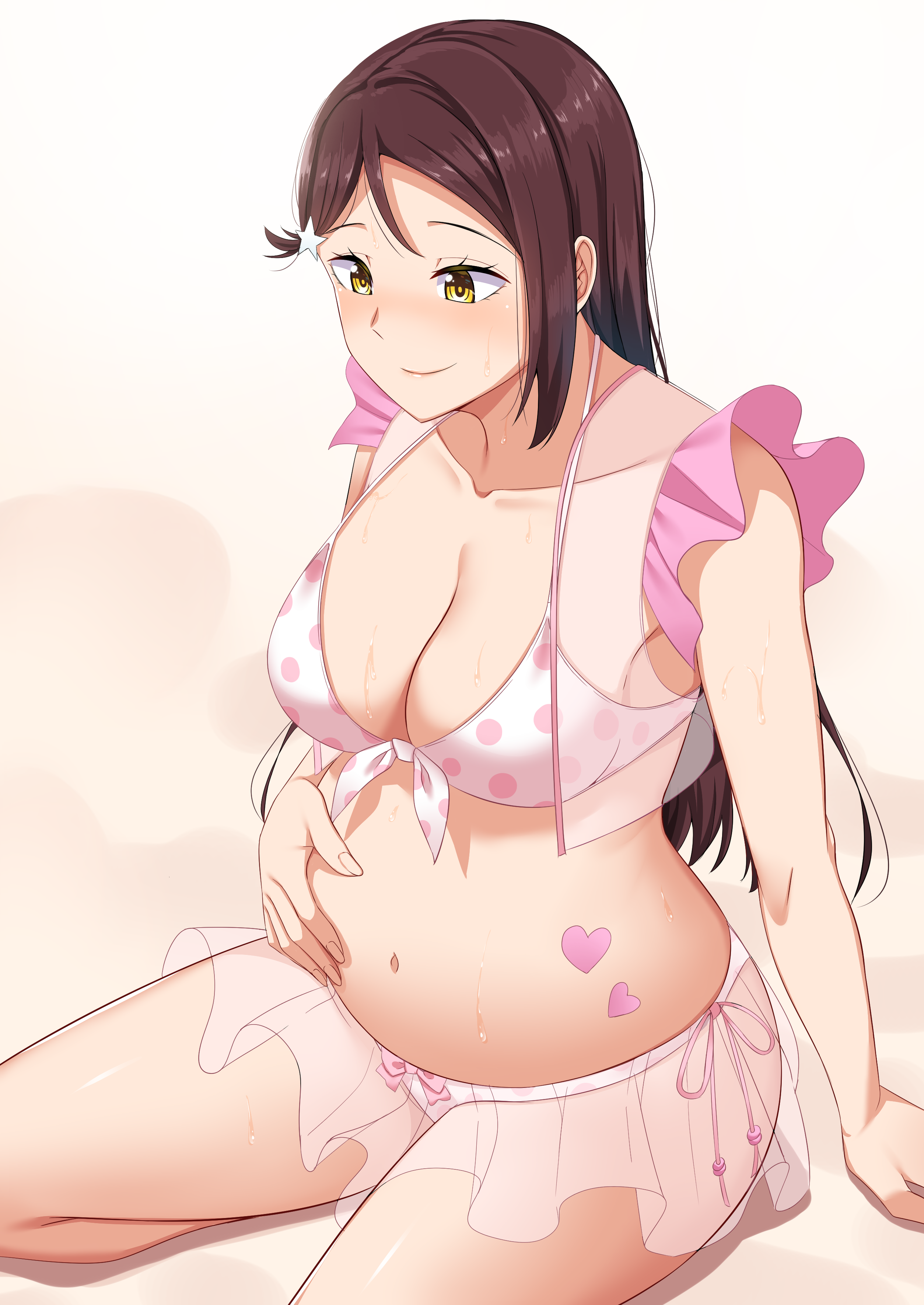 1girls, big belly, bikini, female, long hair, love live!, love live! sunshine!!, pregnant, red hair, sakurauchi riko, yellow eyes