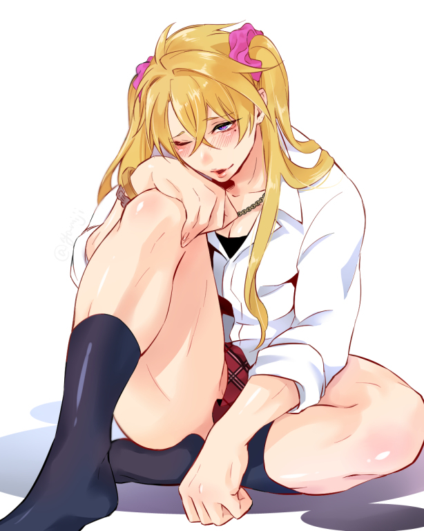 1boy, ambush (trap), blonde hair, blush, crossdressing, femboy, gyaru, heart-shaped pupils, kneehighs, long hair, makishima reiji, male, male only, mole, mole under eye, muscular, muscular male, on floor, one leg up, plaid skirt, puckered lips, school uniform, sissy, skirt lift, smile, solo male, thick thighs, trap, twintails, wink, yarimesu