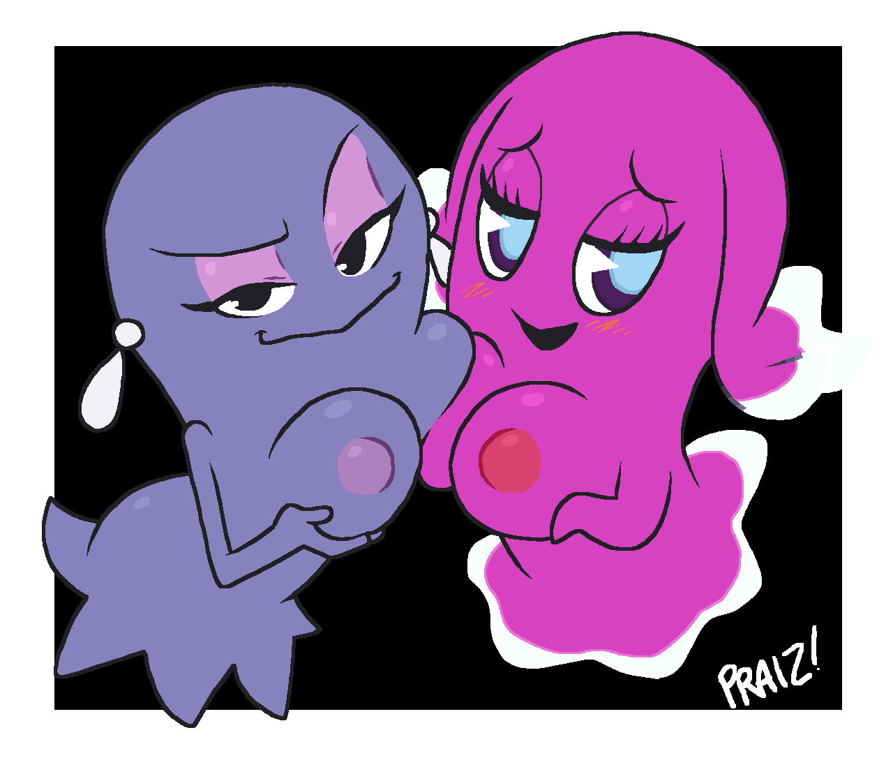 2girls anthro bandai_namco big_breasts blush breasts cute cute_face disney_xd eyelashes fellatio female female_only females_only ghost multiple_girls pac-man_(series) pac-man_and_the_ghostly_adventures pac-man_eyes pink_body pink_skin pinky pinky_(pac-man) praiz purple_body purple_skin sue sue_(pac-man)