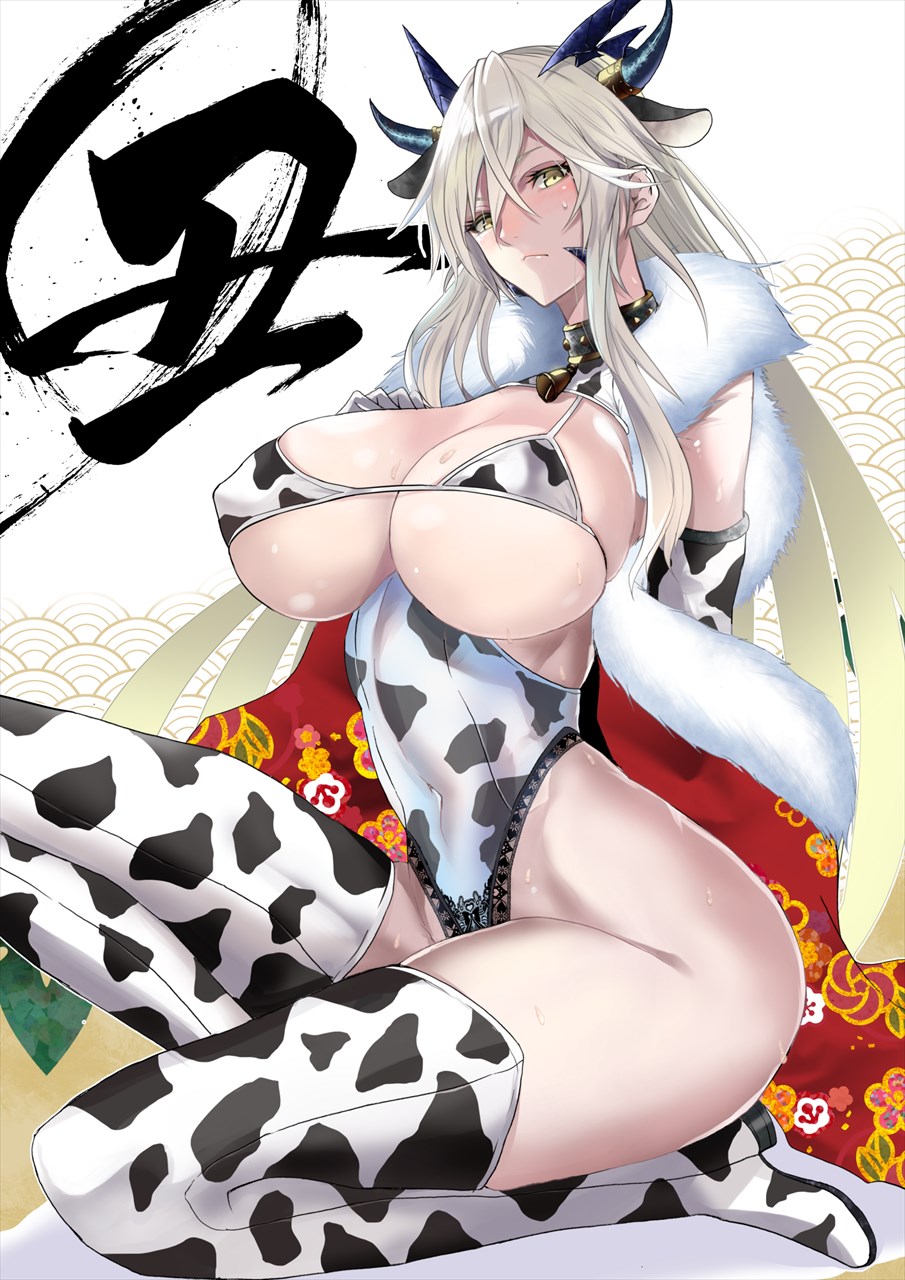 artoria pendragon, artoria pendragon (lancer alter), big breasts, blonde hair, blush, breasts, cow ears, cow print, fate (series), fate/grand order, female, kawa batayoshi, looking at viewer, new year, stockings, sweat, year of the ox, yellow eyes