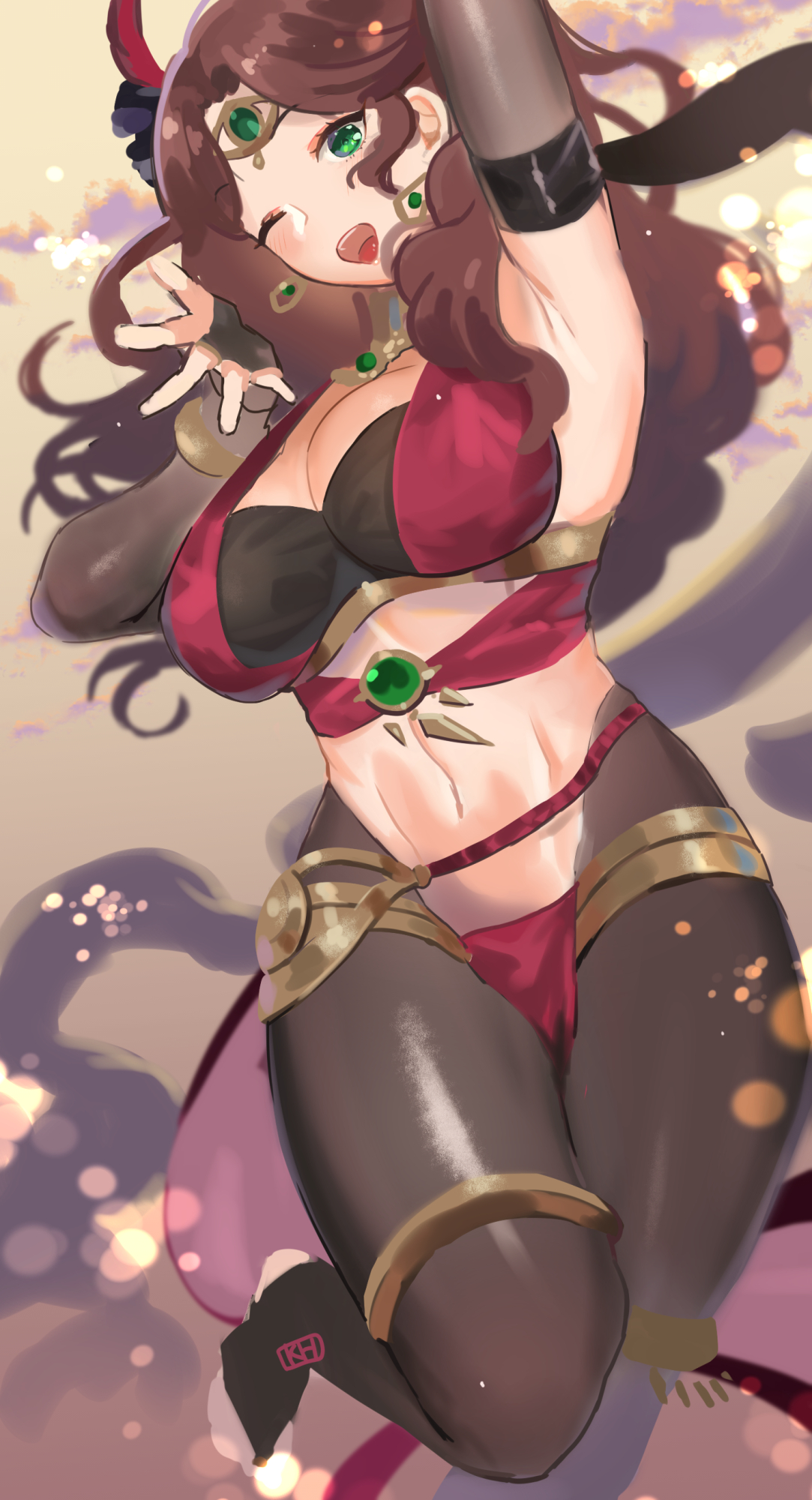 1girls, alternate costume, armpits, bare midriff, bodystocking, breasts, brown hair, cleavage, dancer, dancer outfit, dancing, dorothea arnault, dorothea arnault (plegian), earrings, elbow gloves, female, fingerless gloves, fire emblem, fire emblem heroes, fire emblem: three houses, gloves, green eyes, highres, jewelry, kh (tanakananataka), large breasts, long hair, looking at viewer, midriff, nintendo, one eye closed, open mouth, plegian, smile, solo, solo female, tanakananataka3, wink