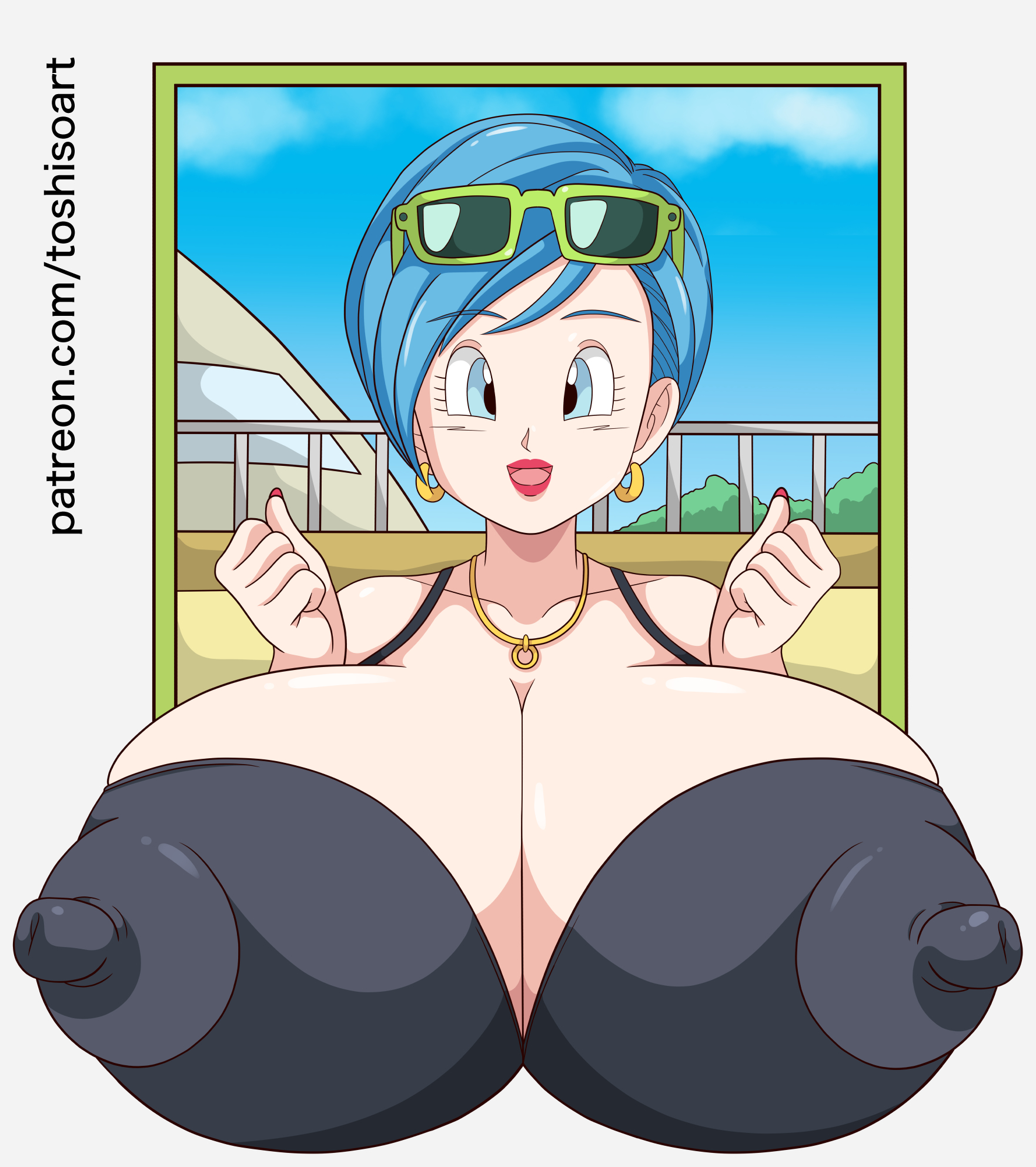 1girls, blue eyes, blue hair, breasts, bulma briefs, cleavage, curvy, dragon ball, erect nipples, eyewear on head, female, glasses on head, huge areolae, huge breasts, huge nipples, large breasts, nipples, puffy nipples, red lips, short hair, shounen jump, sunglasses, sunglasses on head, thick lips, tight clothing, toshiso, voluptuous