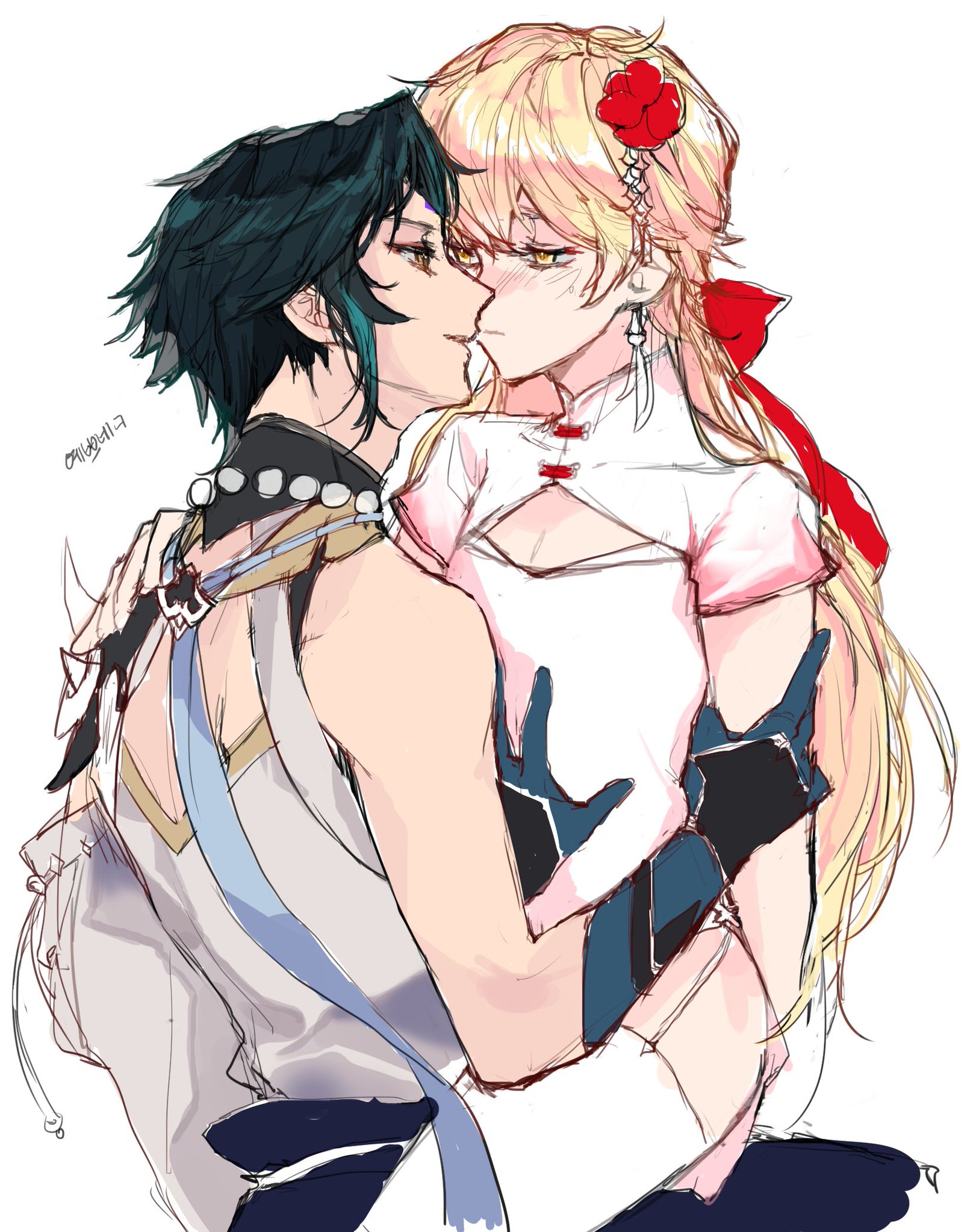 2boys, aether (genshin impact), amber eyes, black hair, blonde hair, crossdressing, gay, genshin impact, green highlights, high heels, long hair, male, male only, white dress, xiao (genshin impact), yaoi