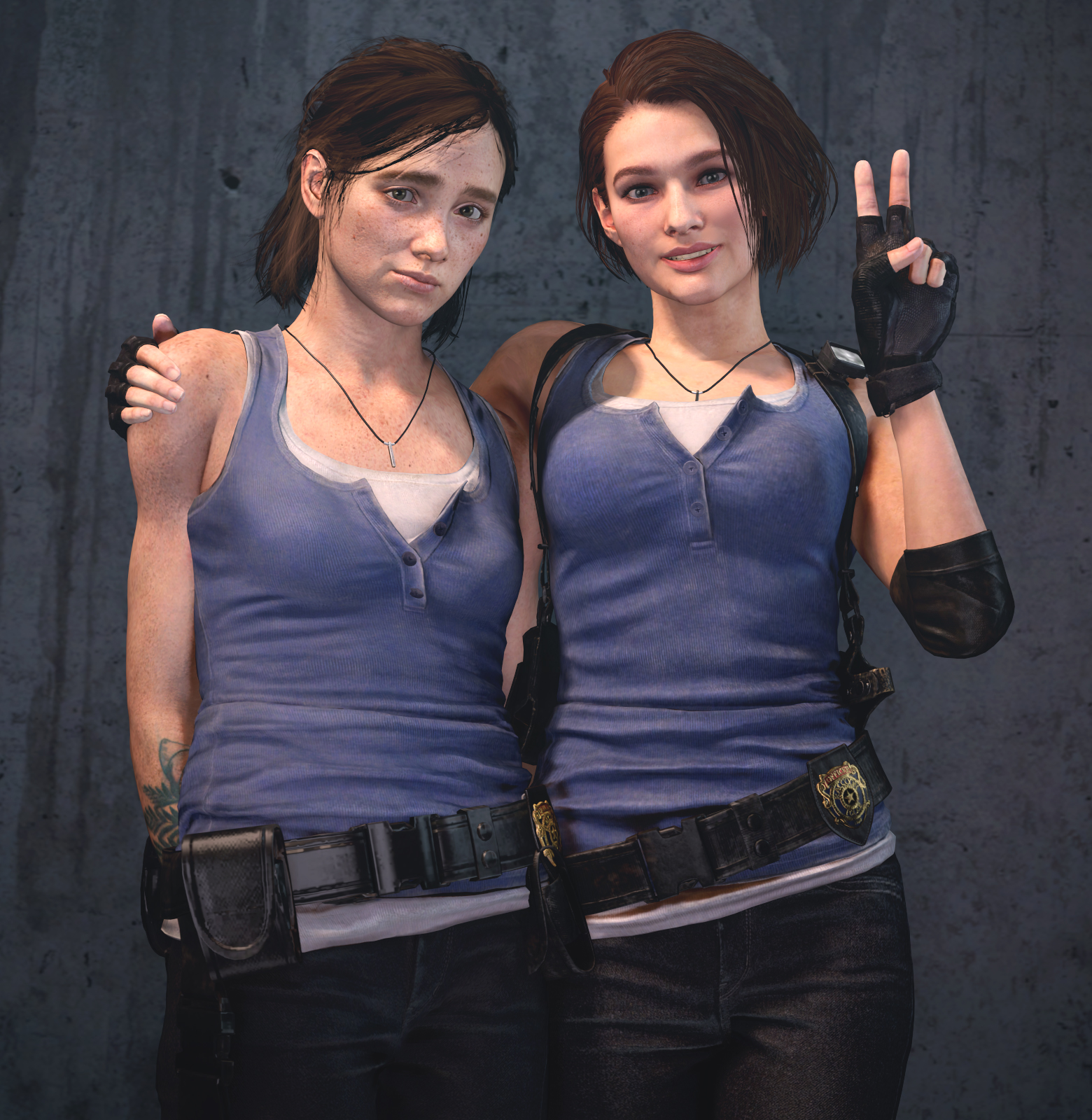 2girls, 3d, batesz, belt, capcom, clothed, clothing, cosplay, crossover, eastern and western character, ellie (the last of us), ellie williams, female, female focus, female only, footwear, fully clothed, handwear, human, jewelry, jill valentine, jill valentine (sasha zotova), naughty dog, pinup, pinup pose, pose, posing, realistic, resident evil, resident evil 3, resident evil 3 remake, the last of us, the last of us 2