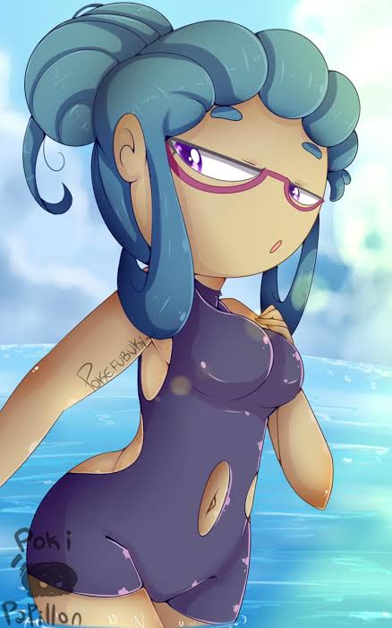 1girls beach blue_hair female fnafhs fnafhs_z3ro huge_breasts lily_(fnafhs) purple_eyes sole_female swimsuit