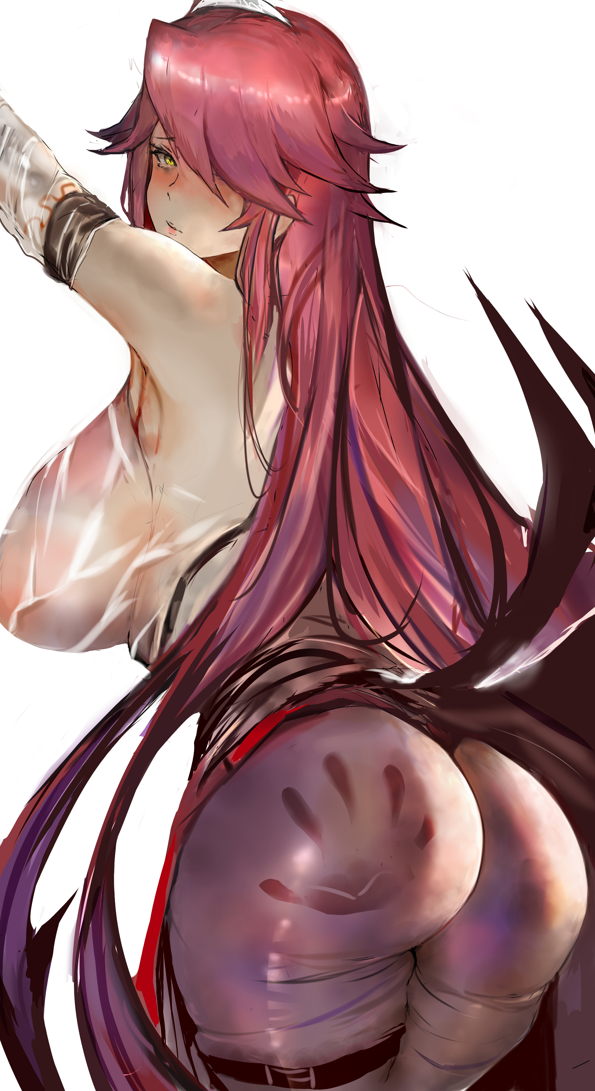 absurd res, armpits, ass, big ass, breasts, female, from behind, genshin impact, hair over one eye, hi res, huge breasts, human, long hair, nun, olalehee, pantyhose, purple hair, rosaria (genshin impact), spank marks, spanked, veil, yellow eyes