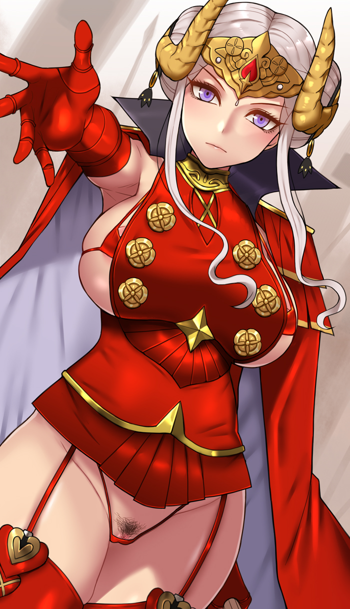 1girls, alternate breast size, angry face, areola slip, areolae, arm behind back, armor, armpits, bikini, bikini under clothes, blush, breasts, cape, double bun, dress, dutch angle, edelgard von hresvelg, elbow gloves, fake horns, female, female pubic hair, fire emblem, fire emblem: three houses, garter straps, gloves, groin, headpiece, highres, horns, large breasts, micro bikini, nintendo, nt00, outstretched arm, post-timeskip, pubic hair, purple eyes, pussy, pussy peek, red bikini, red cape, red dress, red gloves, red legwear, short dress, sideboob, sidelocks, silver hair, skindentation, solo, sweat, swimsuit, thighhighs, updo, v-shaped eyebrows