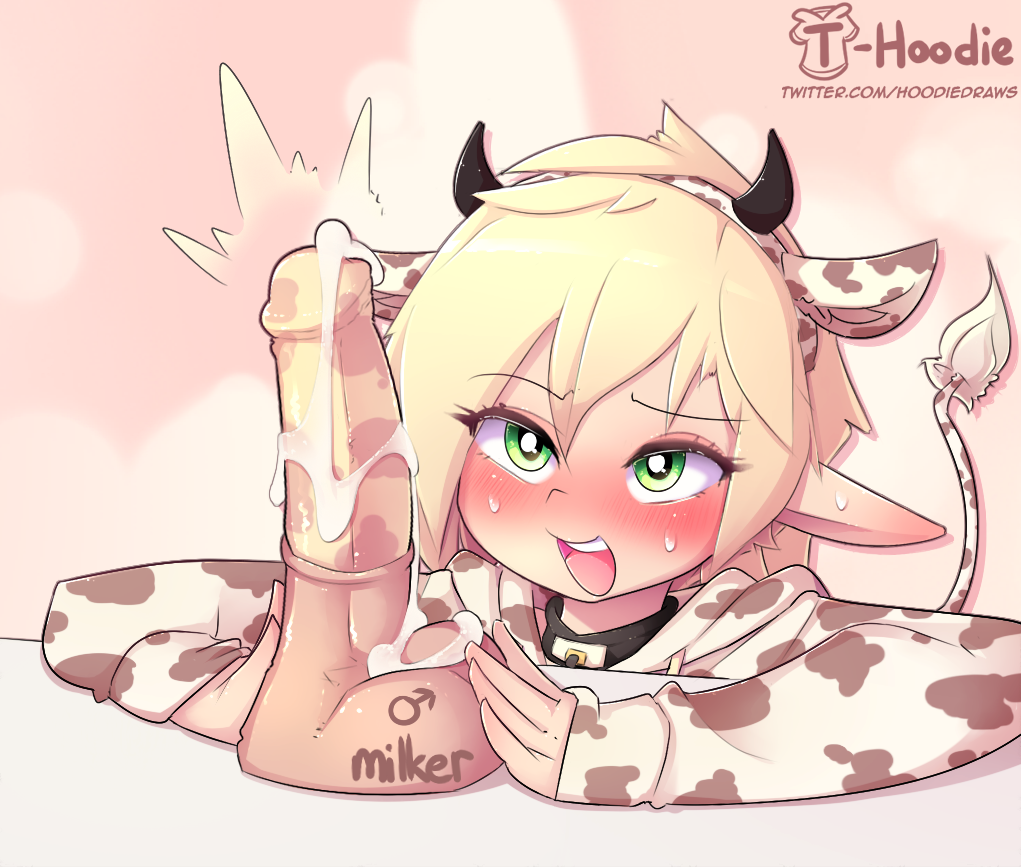 1boy 2021 artificial_cum artist_name blonde_hair blush collar cow_print cum dildo elf femboy girly green_eyes hoodie hoodie_(artist) male male_only max_(hoodie) original sweat tail twitter_username