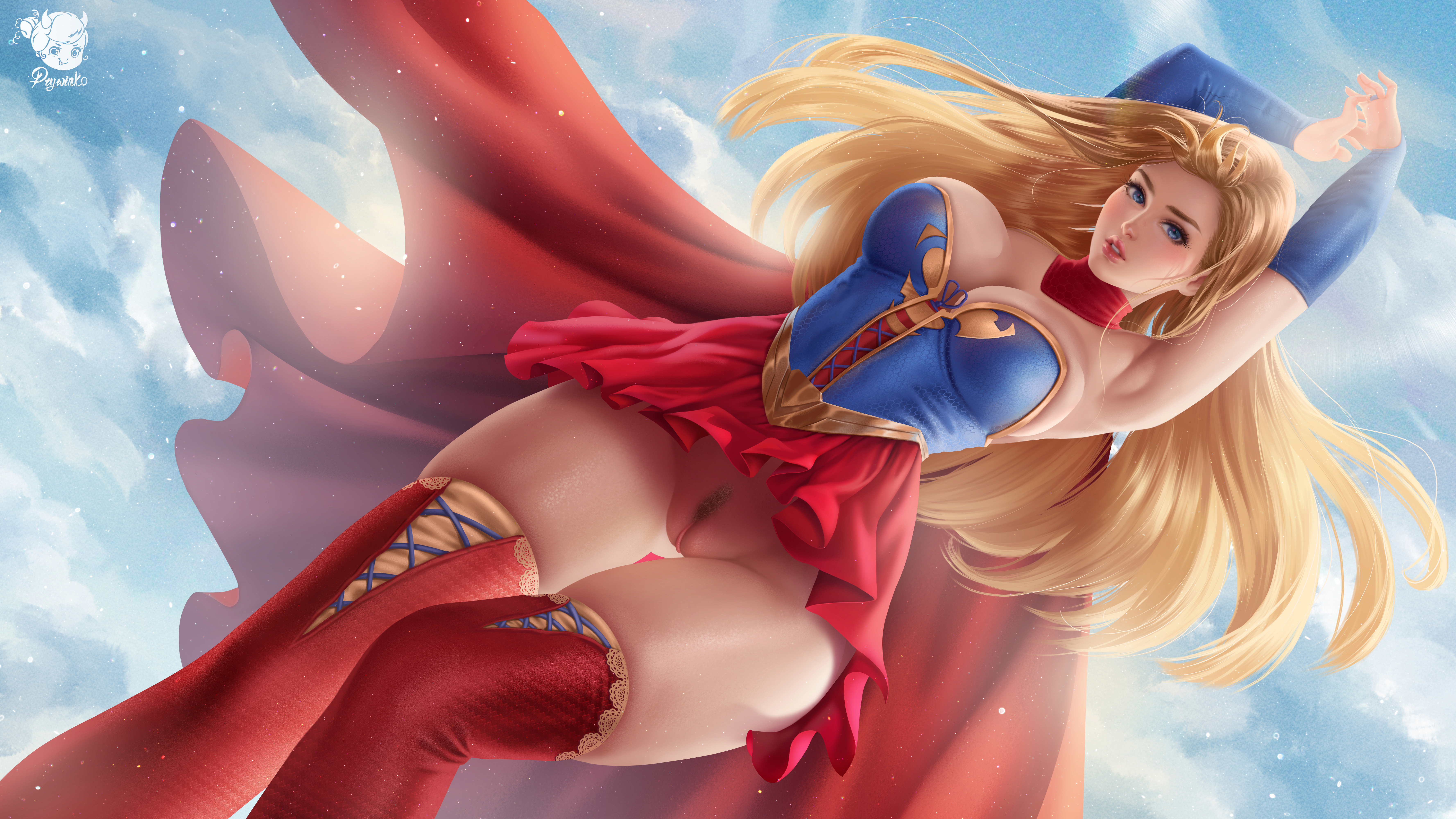 blonde hair, blue eyes, bottomless, bottomless skirt, dc, dc bombshells, dc comics, female, kara zor-el, looking at viewer, miniskirt, no panties, pleated skirt, prywinko, pubic hair, pussy, realistic, red skirt, skirt, skirt lift, solo, supergirl, superman (series), vagina