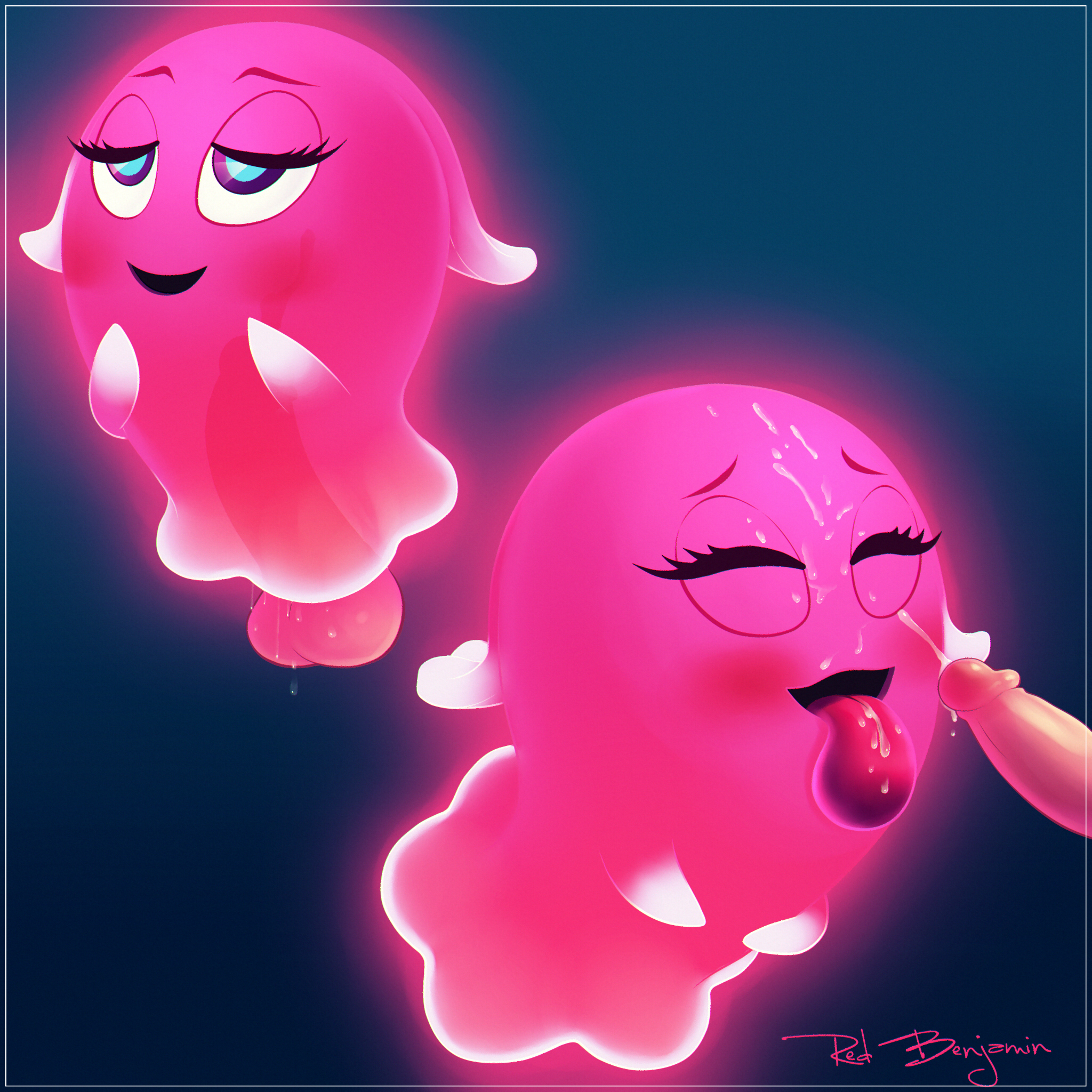 balls, blush, blushing, closed eyes, cum, cum in mouth, cum on face, cute, eyelashes, female, ghost, male, mouth, namco, open mouth, pac-man (series), pac-man and the ghostly adventures, penis, pink body, pink eyes, pink skin, pinky (pac-man), redbenjamin, sex, smile, testicles
