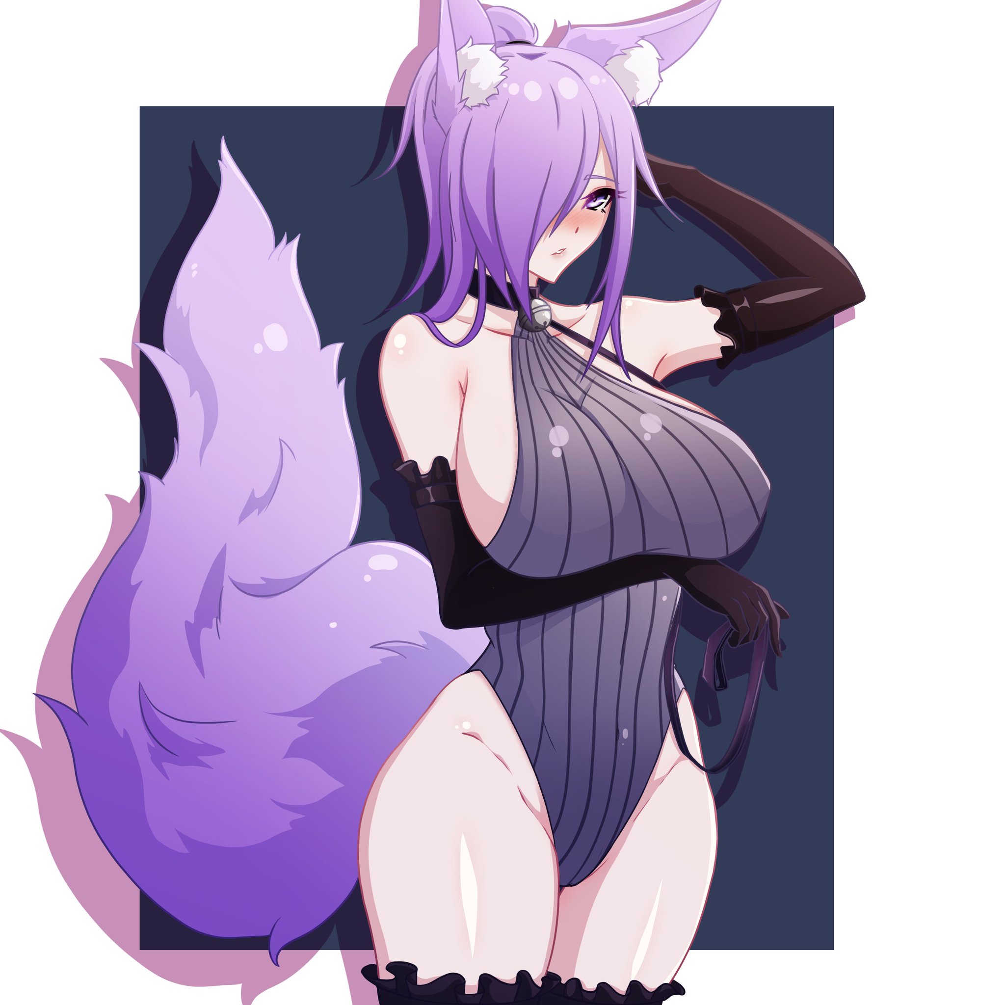 b4d, blush, breasts, collar, dirtykuro, female, fox ears, fox girl, fox tail, foxykuro, huge breasts, kuro (foxykuro), leash, purple eyes, purple hair, thighhighs