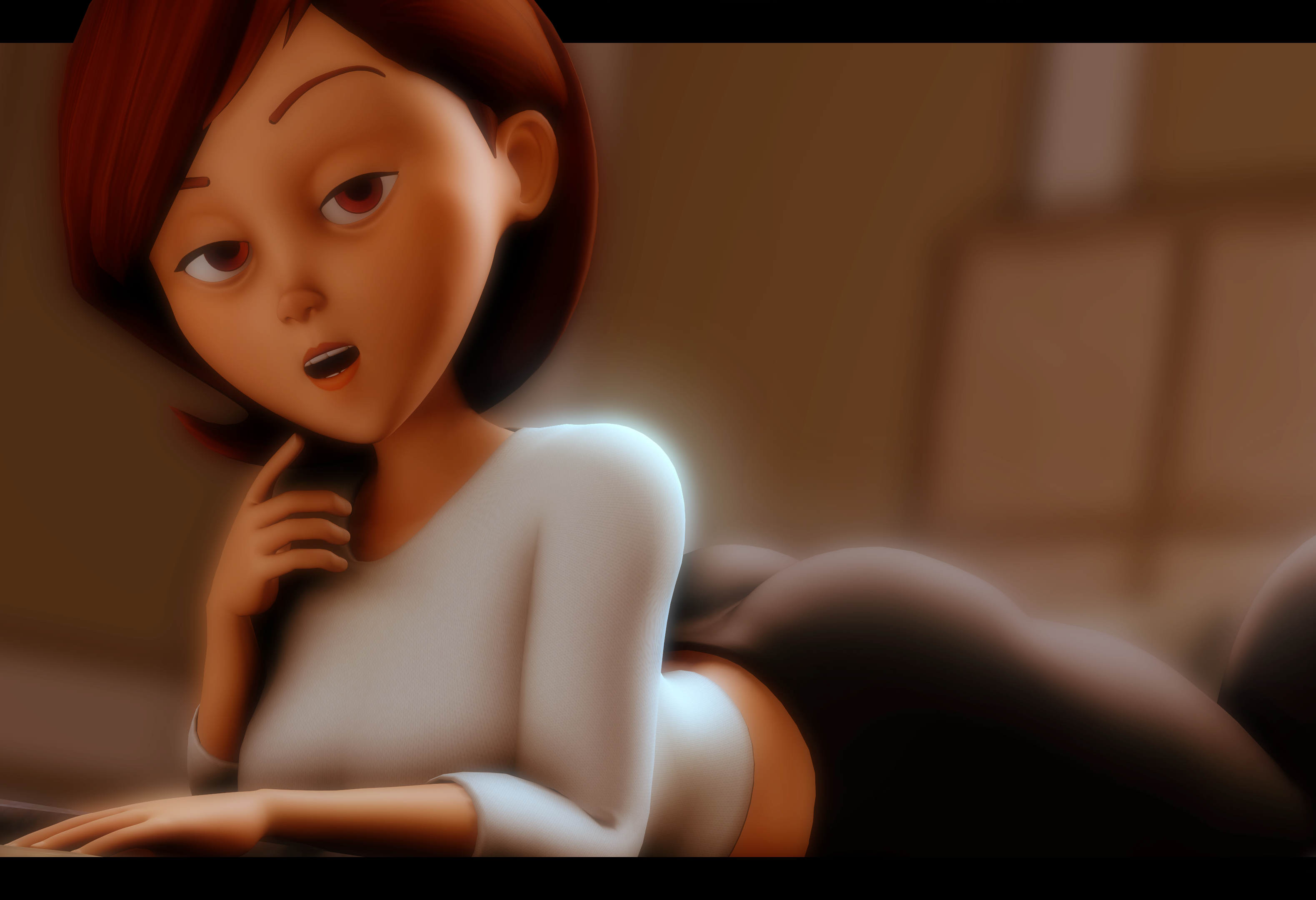 1girls, 3d, ass, big ass, breasts, brown eyes, brown hair, clothed, clothes, curvy, disney, drakepowers, duo, female, female only, half-closed eyes, helen parr, highres, huge ass, human, large breasts, looking back, mature, mature female, milf, open mouth, pants, pixar, shirt, short hair, smooth skin, solo, solo female, source filmmaker, the incredibles, thick thighs, tight clothes, tight pants, wide hips
