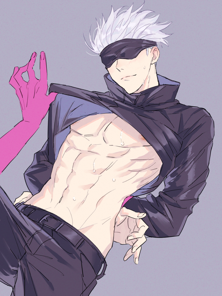 1boy, abs, arms behind back, arms tied, arms tied behind back, blindfold, gay, jujutsu kaisen, male, male only, on back, partially clothed, pecs, satoru gojo, shirt lift, smile, solo male, sweat, toned, toned male, white hair, yaoi