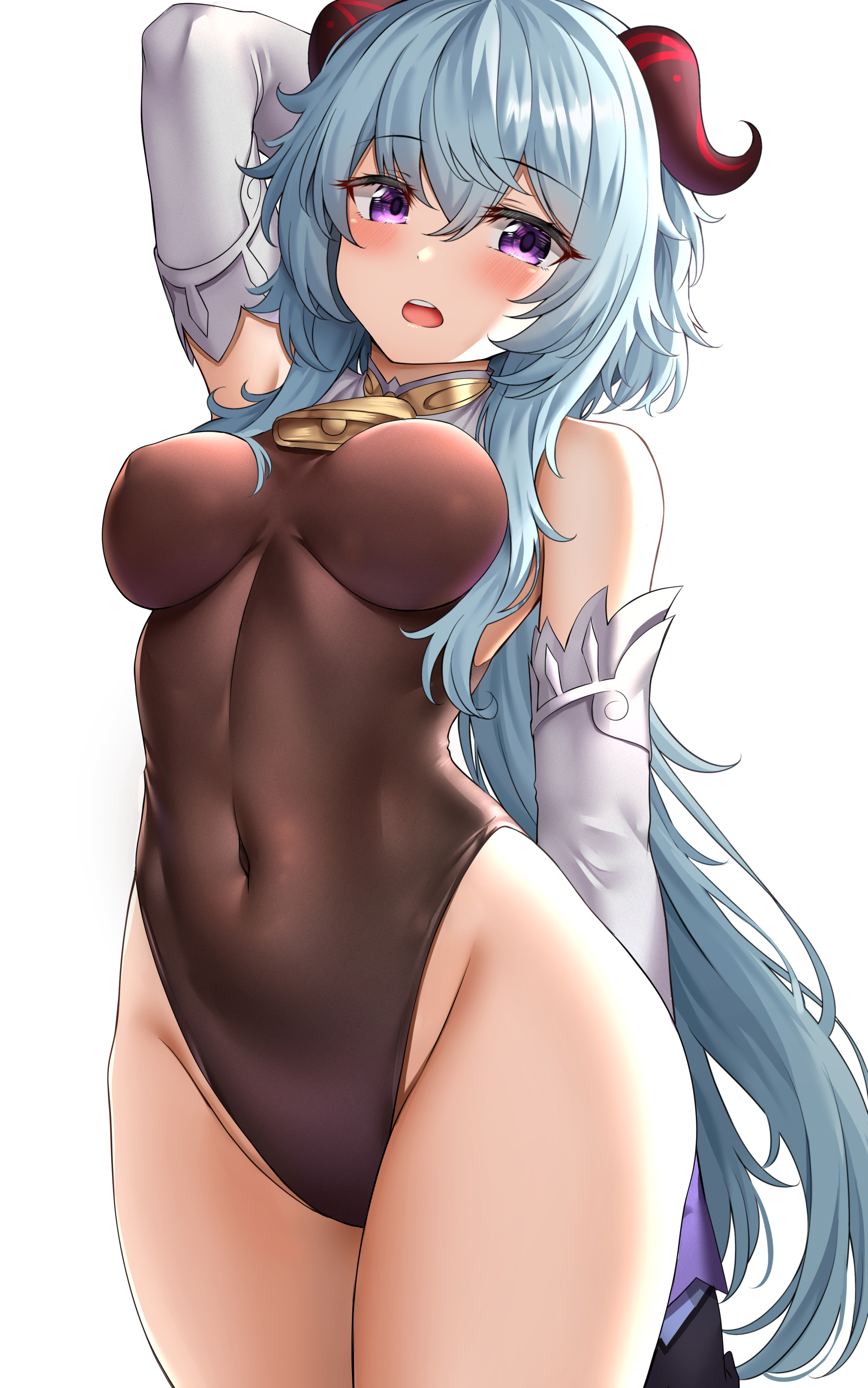 1girls, bell, big breasts, blue hair, breasts, curvy, female, female only, ganyu (genshin impact), genshin impact, horns, large breasts, leotard, one-piece swimsuit, purple eyes, solo, solo female, sunhyun, swimsuit, thick, thighs, voluptuous