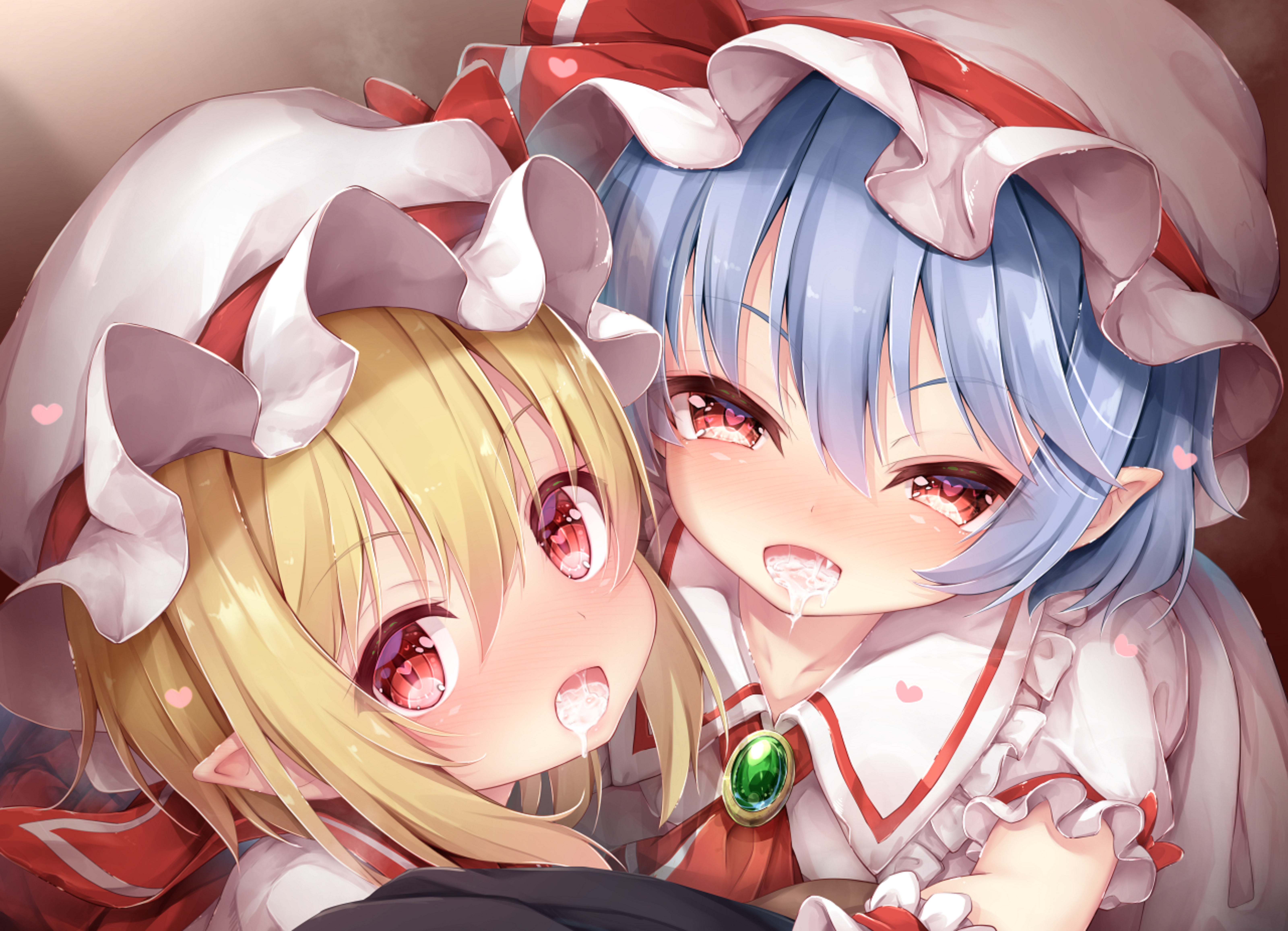 2girls, blonde hair, blue hair, blush, cum, cum in mouth, dress, female, flandre scarlet, heart-shaped pupils, mob cap, multiple females, multiple girls, pointy ears, red eyes, remilia scarlet, sorairo len, symbol-shaped pupils, touhou, vampire