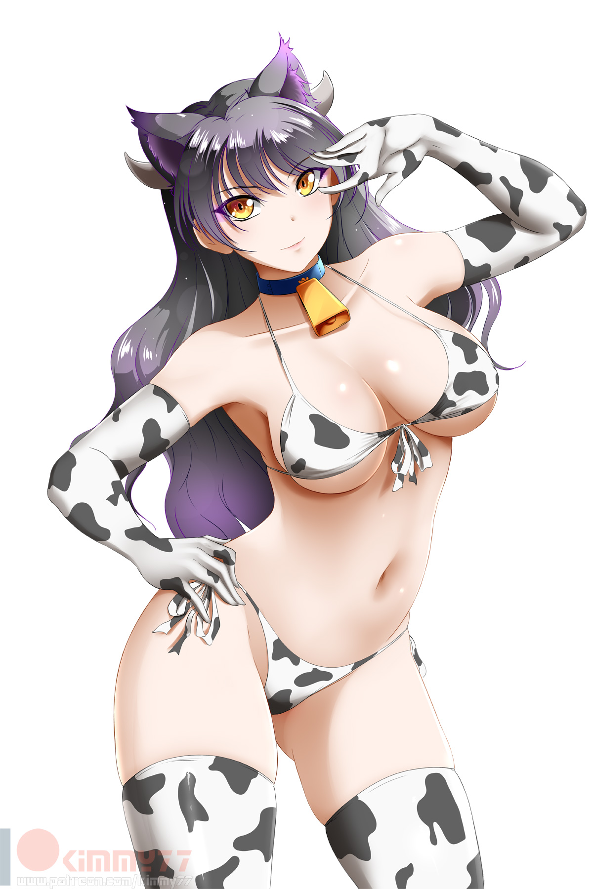 1girls, bell, black hair, blake belladonna, cat ears, cat girl, catgirl, collar, cow bikini, cow costume, cow girl, cow print, cowbell, dark hair, elbow gloves, faunus, female, gloves, kimmy77, rwby, thighhighs, white background, year of the ox, yellow eyes