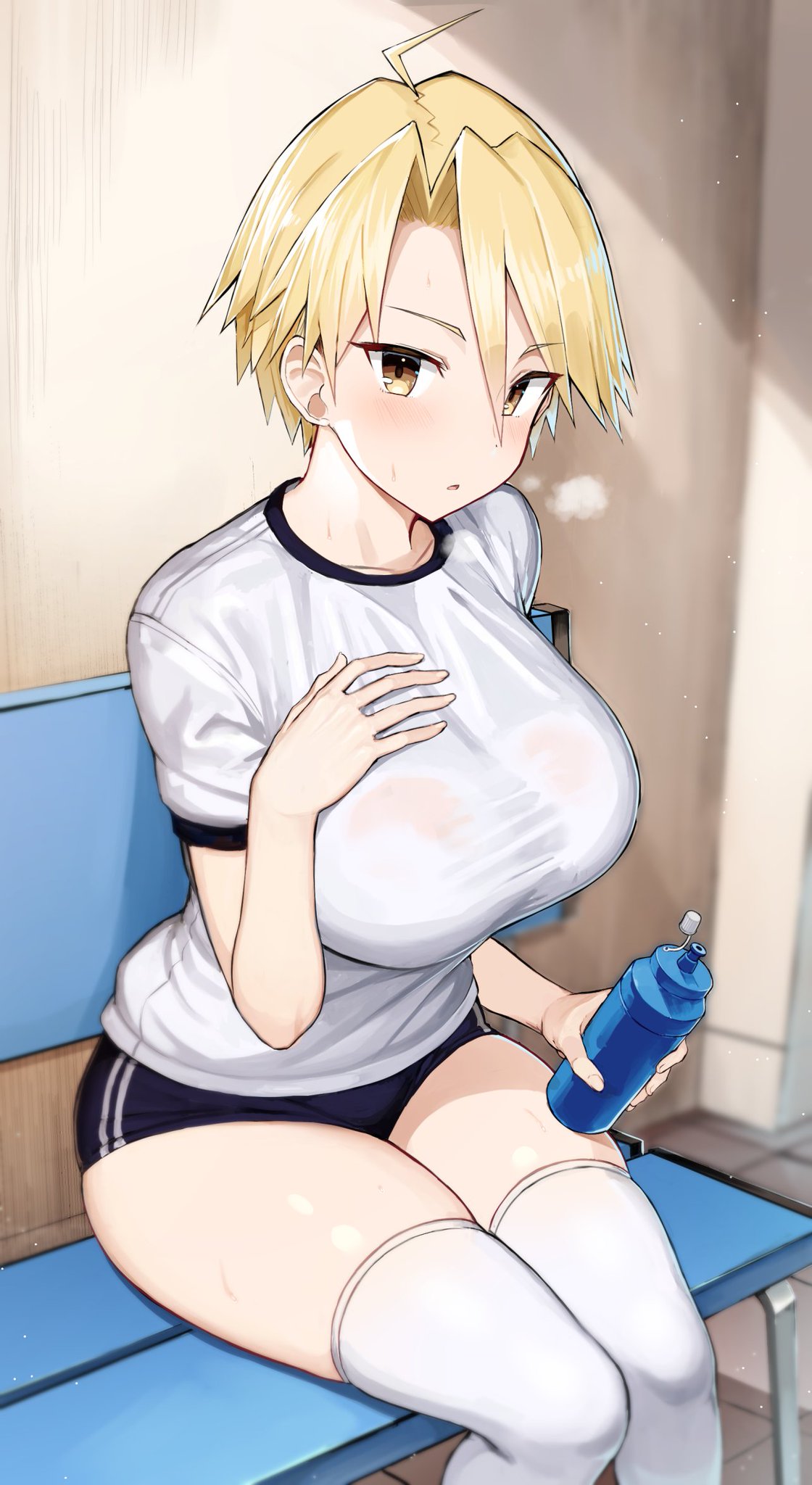 1girls big_breasts blonde_hair curvy greatmosu gym_uniform huge_breasts looking_at_viewer short_hair shorts sweat sweaty sweaty_clothes thick_thighs thighhighs water_bottle workout_clothes yellow_eyes