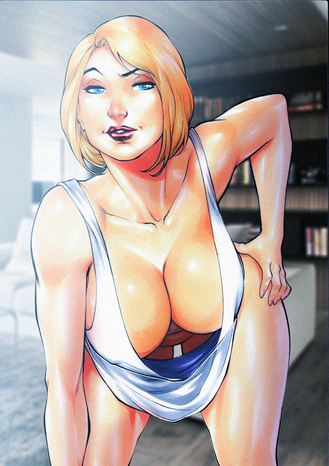 1girls alien alien_girl athletic athletic_female bending_over bent_over big_breasts blonde_hair blue_eyes breasts busty cleavage covered_nipples dc dc_comics down_blouse ed_benes_studio erect_nipples eyelashes female female_focus female_only fred_benes hanging_breasts hourglass_figure huge_breasts kadinsketch kara_zor-l karen_starr kryptonian large_breasts lipstick looking_at_viewer loose_clothes makeup nail_polish nipple_bulge nude nude_female nudity pinup pinup_pose pose posing power_girl seductive seductive_look seductive_smile short_hair solo superman_(series) tank_top wide_hips