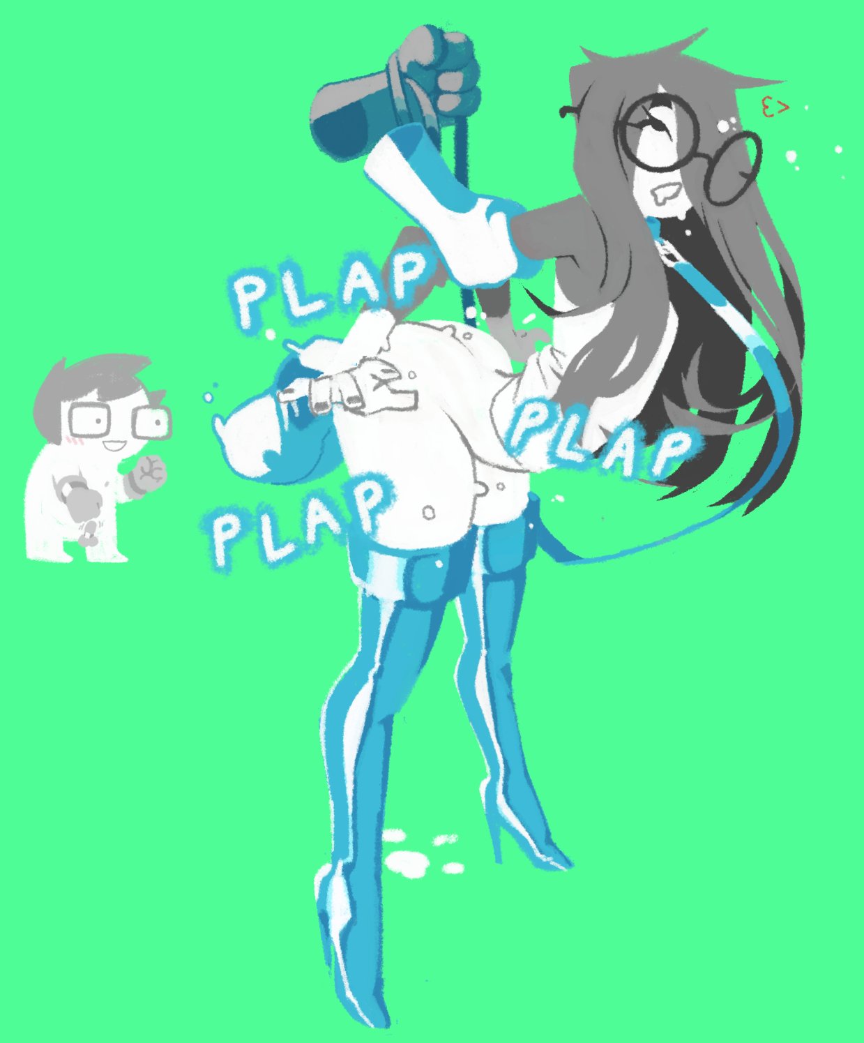 1boy 1girls ass bad_id bad_twitter_id black_hair brother_and_sister collar disembodied_hand disembodied_penis ethercoffee female glasses hair_over_one_eye heart high_boots high_heels homestuck incest jade_harley john_egbert leash shirt straight text