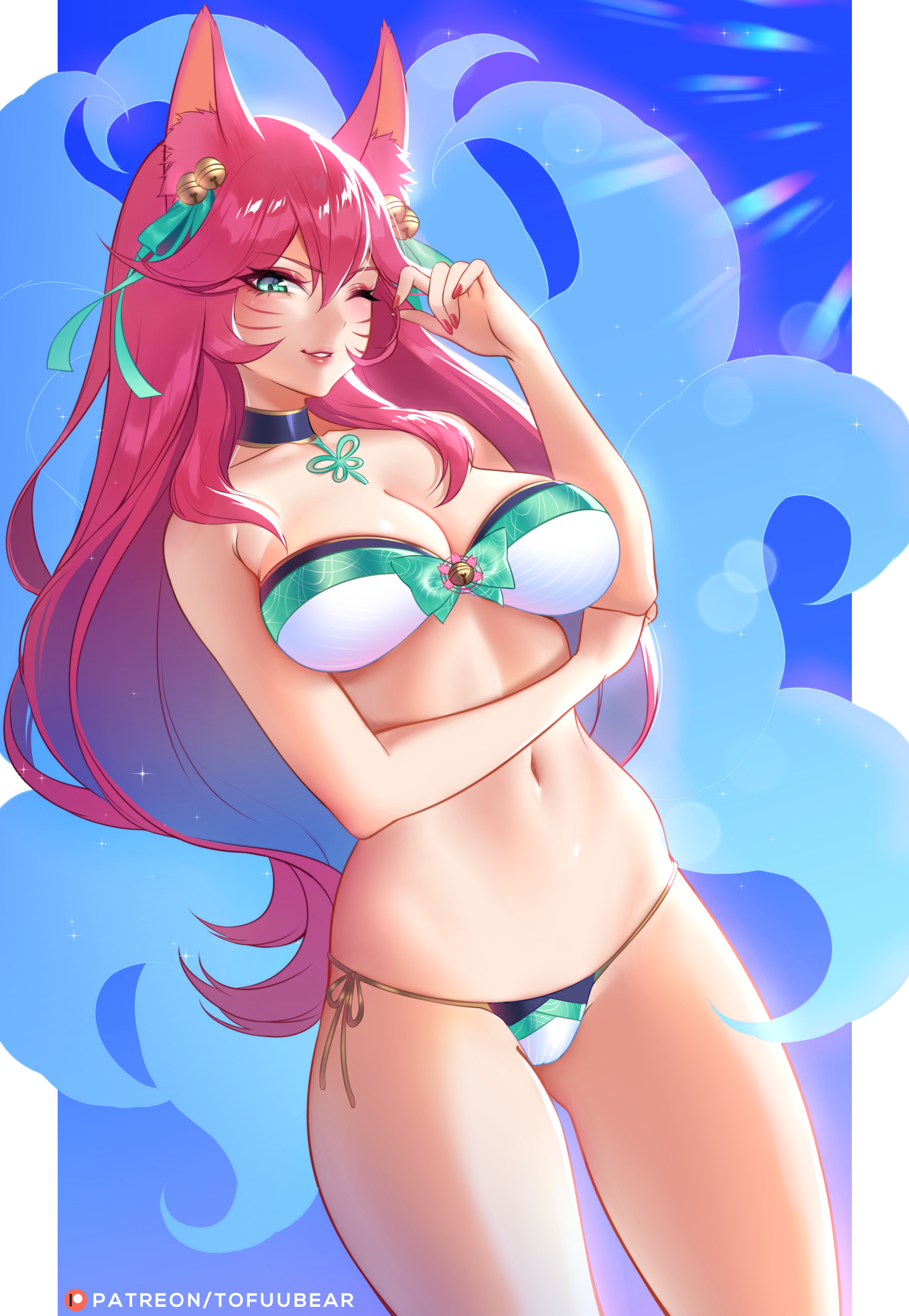 9 tails, ahri, aqua eyes, bikini, female, female only, green eyes, highres, horny, league of legends, long hair, looking at viewer, multi tail, patreon username, pink hair, riot games, solo, spirit blossom ahri, spirit blossom series, tofuubear, wink, winking, winking at viewer