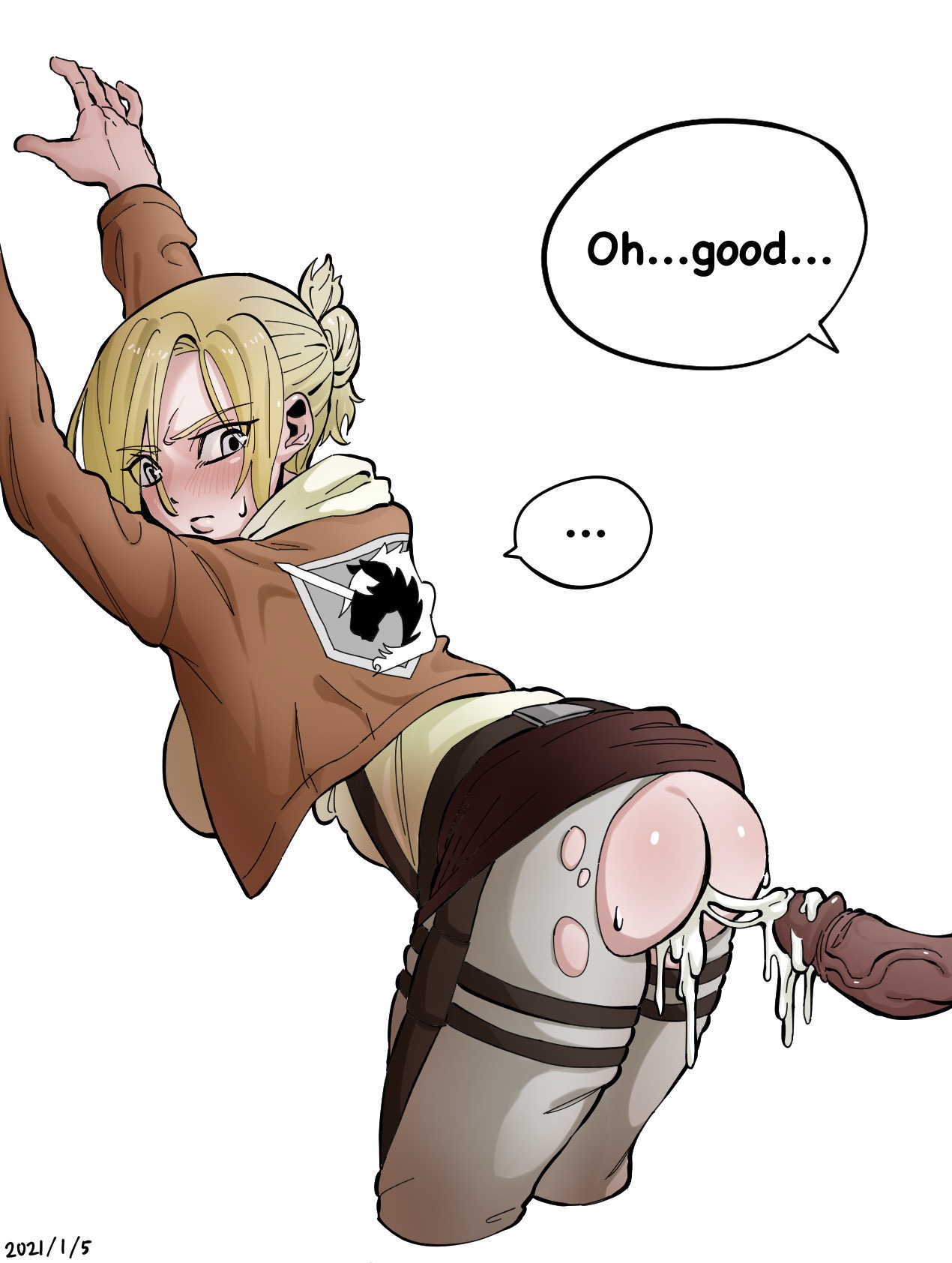 1boy, 1girls, against wall, annie leonhardt, attack on titan, big penis, clothed female, cum, cum in pussy, cum inside, dark skin, dark-skinned male, disembodied penis, female, interracial, male, penis, pussy, shingeki no kyojin, straight