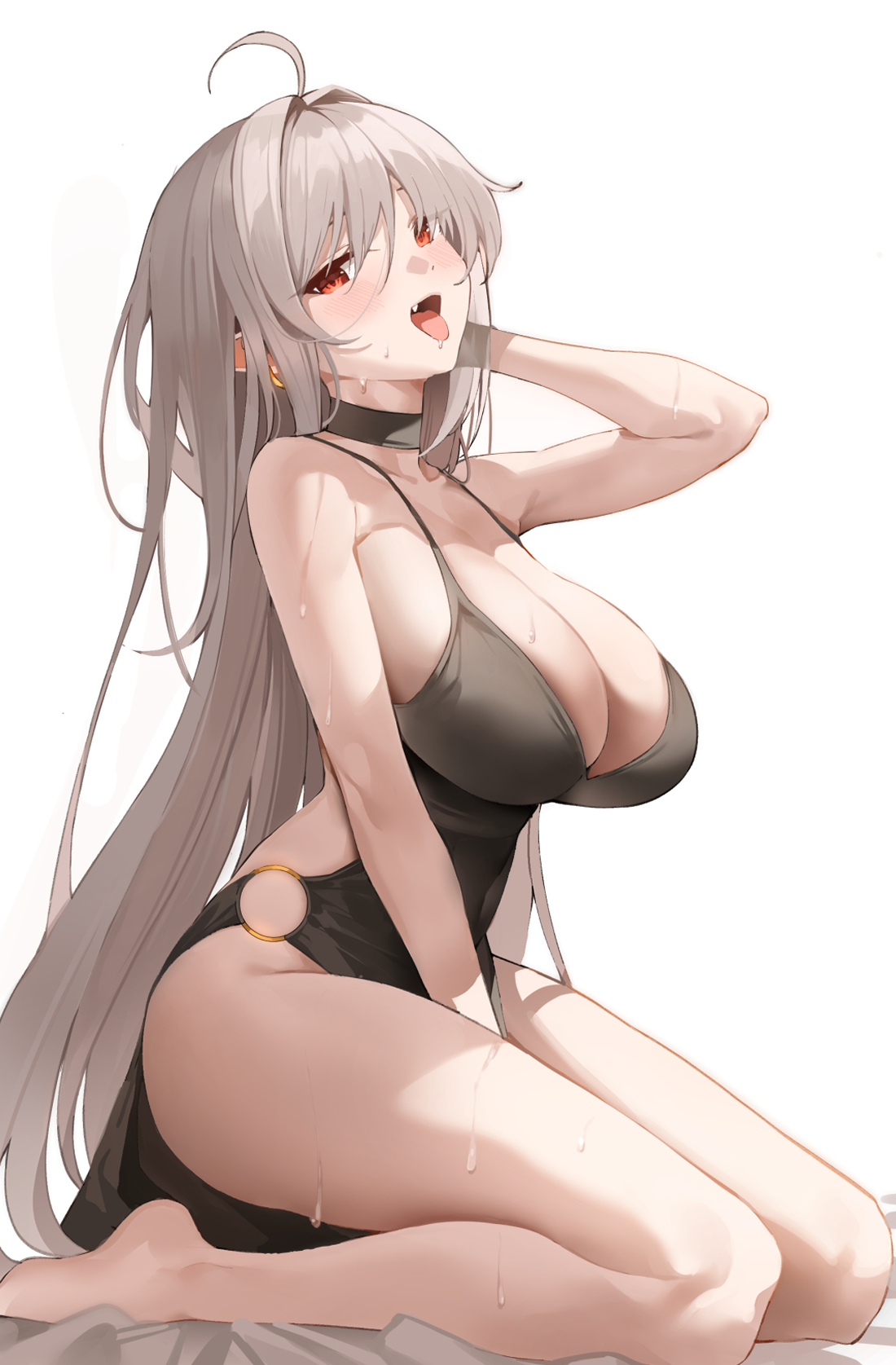 1girls, aroused, black dress, breasts, choker, cleavage, dress, female, hand between legs, high resolution, huge breasts, k pring, large breasts, long hair, looking at viewer, naughty face, navel, no bra, nopan, o-ring, open mouth, original, red eyes, revealing clothes, sideboob, sitting, smile, solo, sweat, teasing, thick thighs, tongue, tongue out, wet