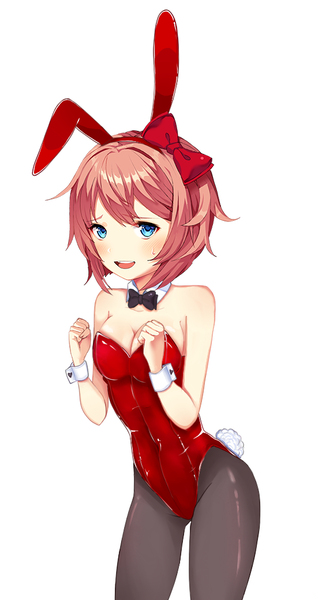 blue eyes, bow, breasts, bunny, bunny ears, bunny girl, bunny tail, bunnysuit, doki doki literature club, edit, eyebrows visible through hair, female, hairbow, just sayori, latex, latex leotard, looking at viewer, nervous, pov, pov eye contact, red bow, sayori (doki doki literature club), simple background, smile, smiling, solo, sprite, thigh gap, thighs, white background