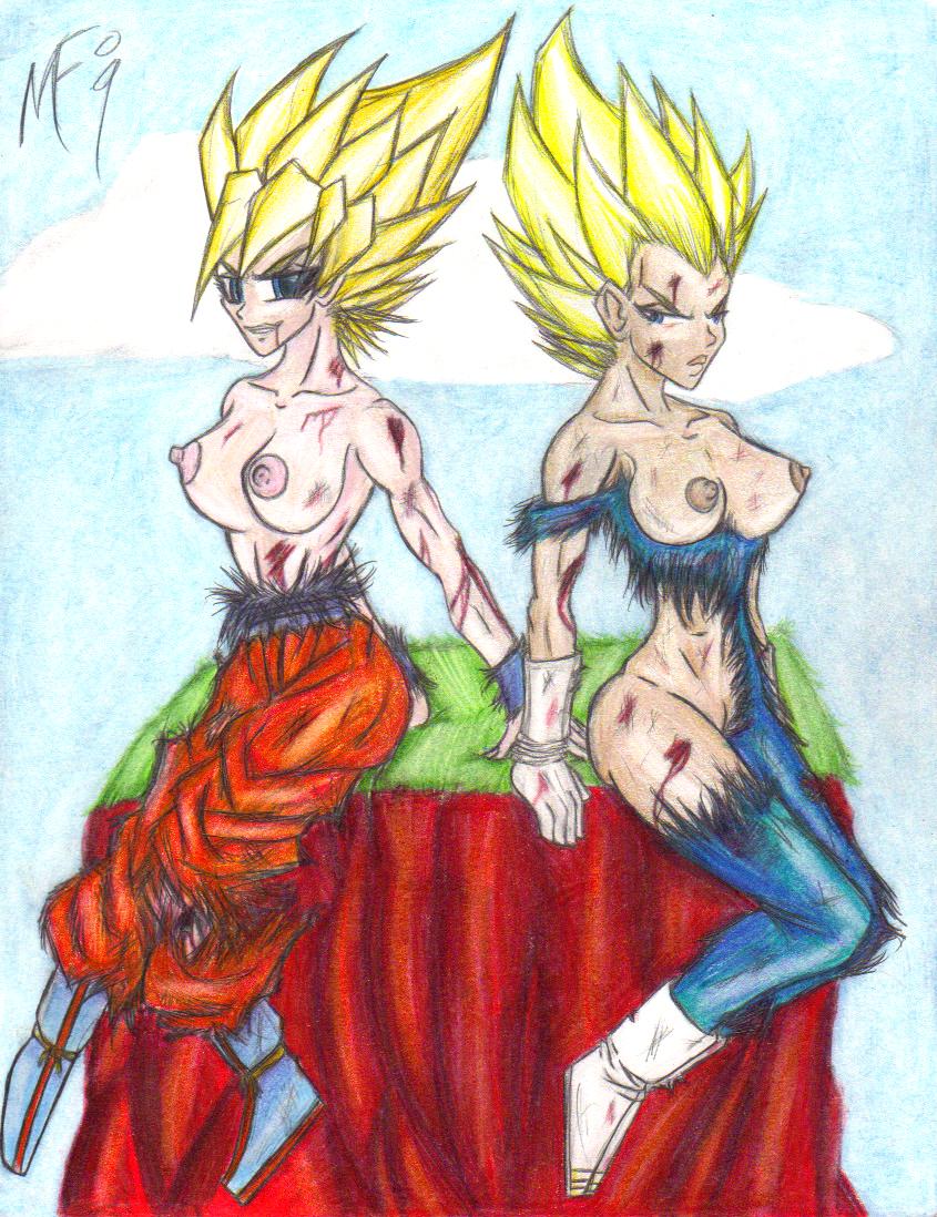 2009 2girls annoyed artist_name biceps blonde_hair blood bloody_clothes blue_eyes bodysuit boots breasts bruise bruise_on_face bruised bruises digital_media_(artwork) dragon_ball dragon_ball_z female female_goku female_only female_vegeta gloves maujenfijeta multiple_girls nipples pencil_(artwork) ripped_clothes ripped_clothing rule_63 saiyan simple_background sitting smirk son_goku spandex spiky_hair straight_hair super_saiyan super_saiyan_2 topless torn_clothes torn_clothing torn_spandex vagina vegeta watermark