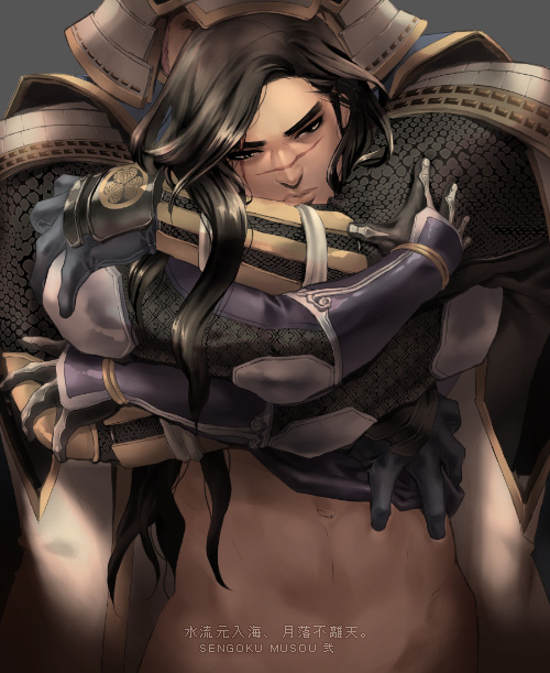 2boys clothed hanzo_hattori hattori_hanzo helmet holding hugging hugging_from_behind ieyasu_tokugawa male_focus male_only sengoku_musou tagme traditional_clothes