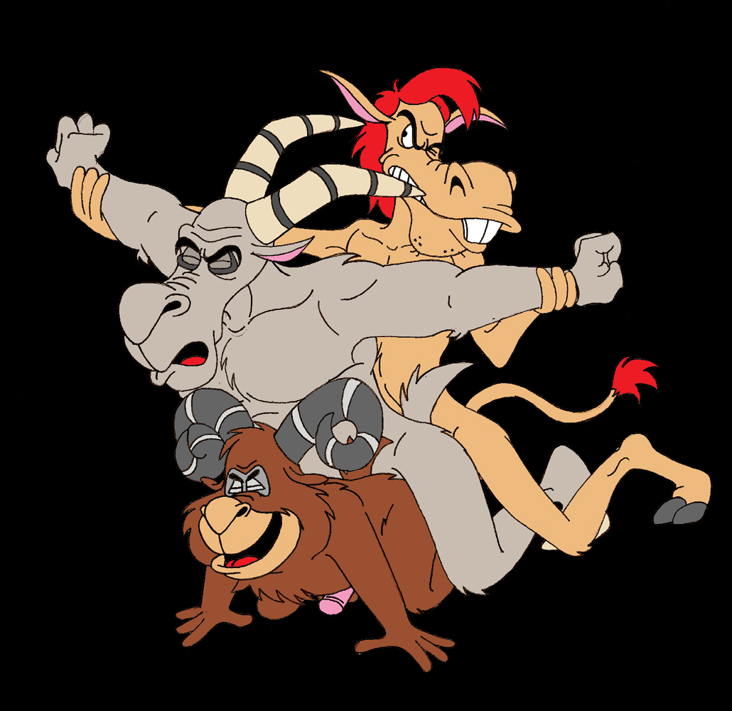 3boys anthro darkwing_duck disney furry hammerhead_hannigan hoof hooves kooshmeister male_only mouth penis ram_(animal) threesome