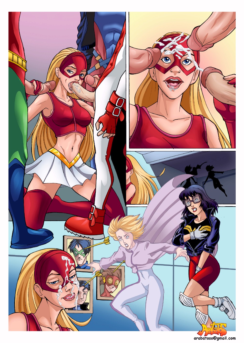 3boys 3girls 4_panel_comic 5:7 arabatos arrowette bart_allen batman_(series) black_shirt cassie_sandsmark comic conner_kent dc dc_comics female fffm_foursome foursome greta_hayes impulse kon-el male paheal red_mask red_pants red_shirt robin_(dc) robin_(tim_drake) secret_(dc) sex superboy superboy_(conner_kent) superman_(series) the_flash_(series) tim_drake white_skirt wonder_girl wonder_woman_(series) young_justice