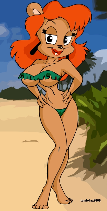 2008 4_fingers 4_toes anthro artist_name beach big_breasts big_head black_nose breasts brown_fur cel_shading day female female_only front_view full_body green_bikini hands_on_hips huge_eyes julie_bruin looking_at_viewer medium_hair orange_hair outdoors pose sand sky smile solo standing tiny_toon_adventures toony tumiohax warner_brothers