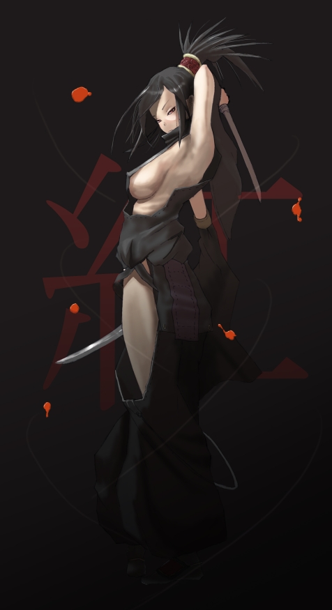 1girls arm_up armpits ayame_(tenchu) black_hair breasts dual_wielding female hone_shoukan kodachi kunoichi long_hair ninja no_bra ponytail short_sword sideboob solo sword tenchu tied_hair weapon