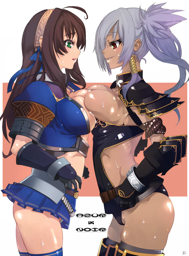 :o ahoge armband armlet armor armpits asuru azul_(armor) bangs belt black_hair black_legwear black_panties blue_legwear blush bracelet bracelets breast_press breasts brown_hair capcom cleavage crop_top dark_skin embarrassed fantasy gloves green_eyes grey_hair hair_ornament hair_tubes hairband hands_on_hips hijiri jewelry large_breasts long_hair microskirt midriff miniskirt monster_hunter monster_hunter_frontier multiple_girls naughty_face noir_(armor) panties pantyshot pantyshot_(standing) pleated_skirt ponytail profile red_eyes ribbon shiny shiny_skin side_slit sideboob signature silver_hair skirt smile standing surprised sweat symmetrical_docking thighhighs tied_hair twintails underwear white_panties zettai_ryouiki