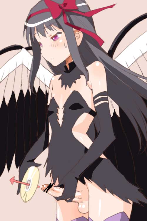 1futa akemi_homura akuma_homura balls black_hair blush bow cd censored directional_arrow dress elbow_gloves erection flat_chest futa_only futanari gloves hair_ribbon hairbow intersex jpeg_artifacts long_hair looking_down magical_girl mahou_shoujo_madoka_magica mahou_shoujo_madoka_magica_movie no_panties penis pink_eyes purple_legwear ribbon shinama short_dress small_breasts solo spoilers sweat sweatdrop testicles wings