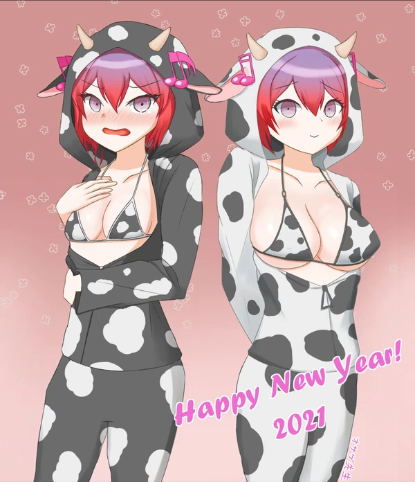 2021 2girls big_breasts blush bra breasts breasts_out cow_girl cow_horns cow_print cowgirl danganronpa danganronpa_another embarrassed fanganronpa female female_only hand_on_breast hands_behind_back happy_new_year looking_at_viewer multiple_girls musical_note otonokoji_hibiki otonokoji_kanade pajamas pale-skinned_female pale_skin pink_eyes purple_hair red_background red_hair sdra2 short_hair shy small_breasts straight_hair super_danganronpa_another_2 text twin_sisters twins