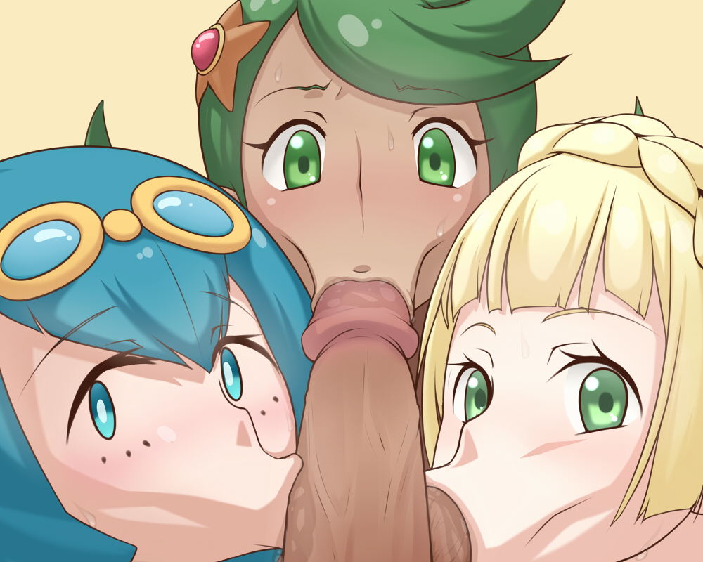 :>=, 1boy, 3girls, artist request, balls, blonde hair, blue hair, collaborative fellatio, dark skin, dark-skinned female, dark-skinned male, fellatio, female, green hair, lana (pokemon), light skin, light-skinned female, lillie (pokemon), male, mallow (pokemon), multiple females, multiple girls, nintendo, oral, penis, pokemon, pokemon sm, sucking balls, sucking testicles, testicles, trial captain, trio