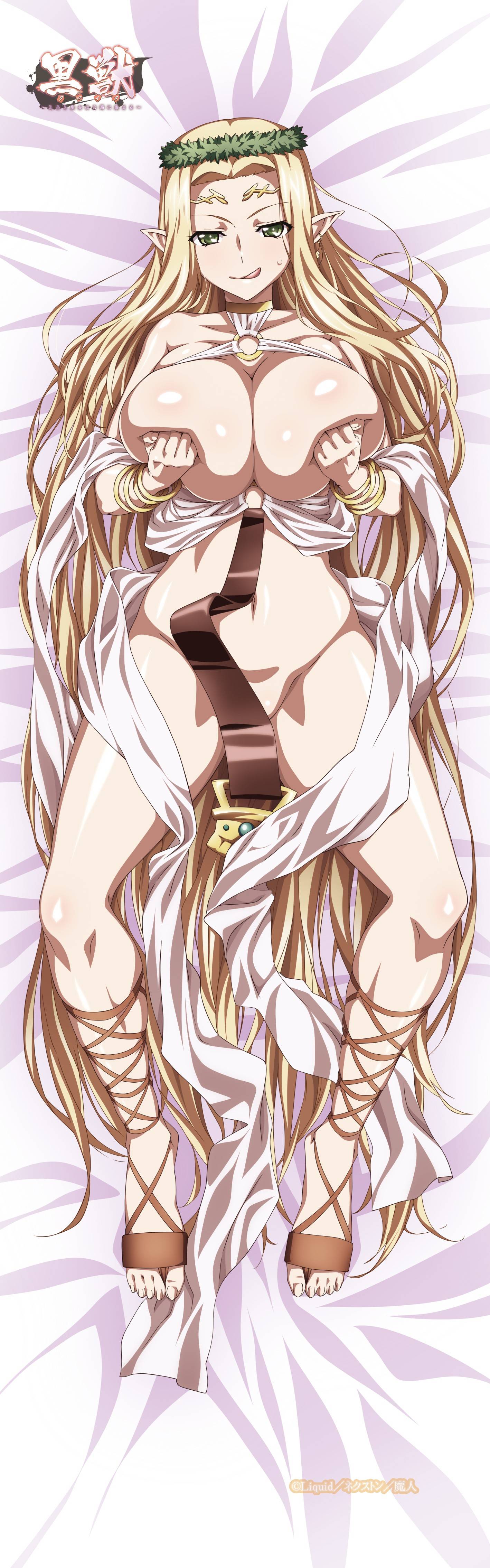 1girls, big breasts, blonde hair, breast grab, breasts, celestine lucross, child bearing hips, come hither, convenient censoring, dakimakura, elf, elf ears, elf female, feet, female, female elf, female only, goddess, green eyes, horny, huge breasts, kuroinu ~kedakaki seijo wa hakudaku ni somaru~, licking lips, long hair, looking at viewer, lying, milf, naughty face, navel, official art, open clothes, pale skin, pointy ears, solo, sweatdrop, teasing, thick thighs, tongue, tongue out, voluptuous, wide hips