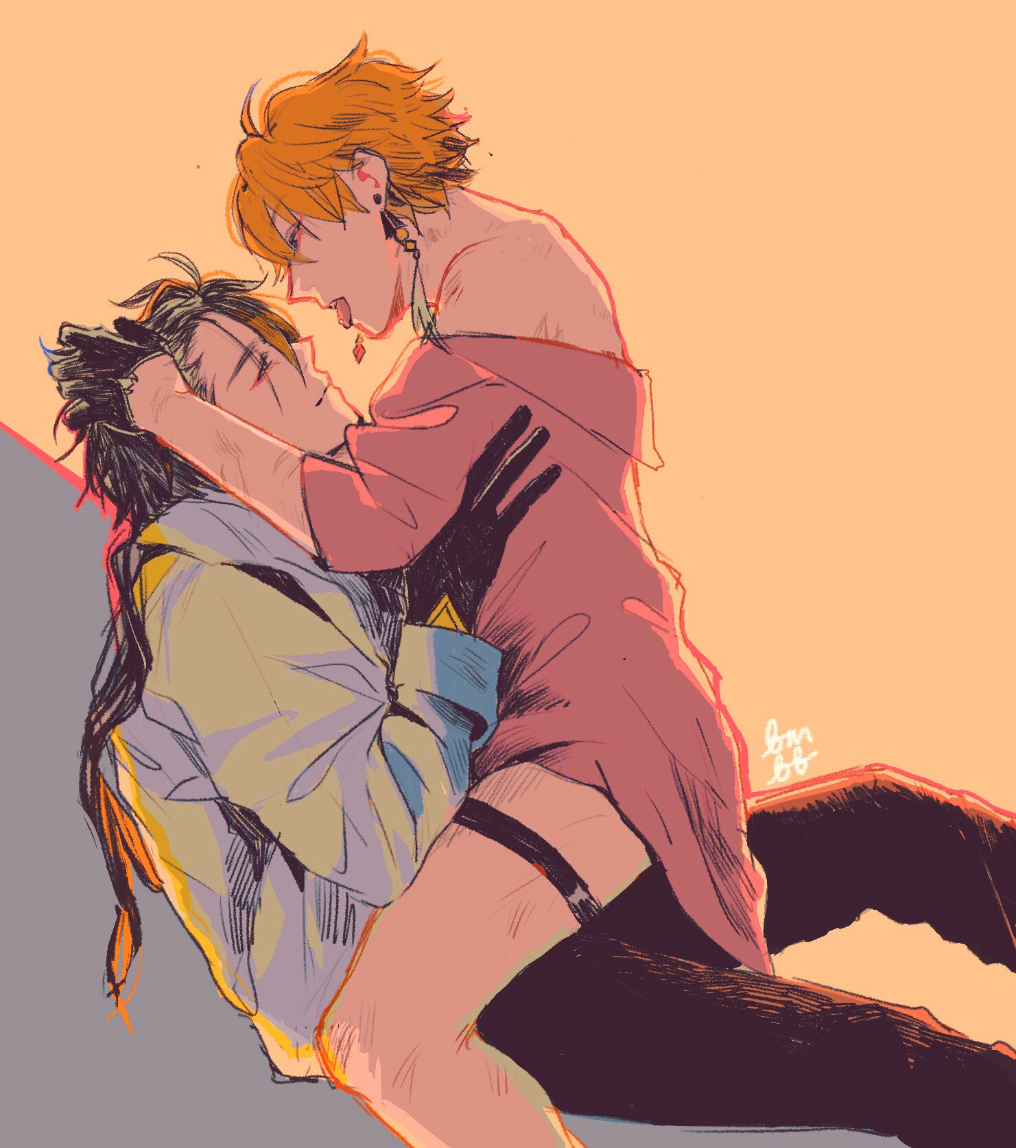 2boys, bimbbab, black gloves, childe (genshin impact), earrings, garter, gay, genshin impact, male, male only, pulling hair, sitting on lap, tartaglia (genshin impact), tongue, tongue out, yaoi, zhongli (genshin impact)