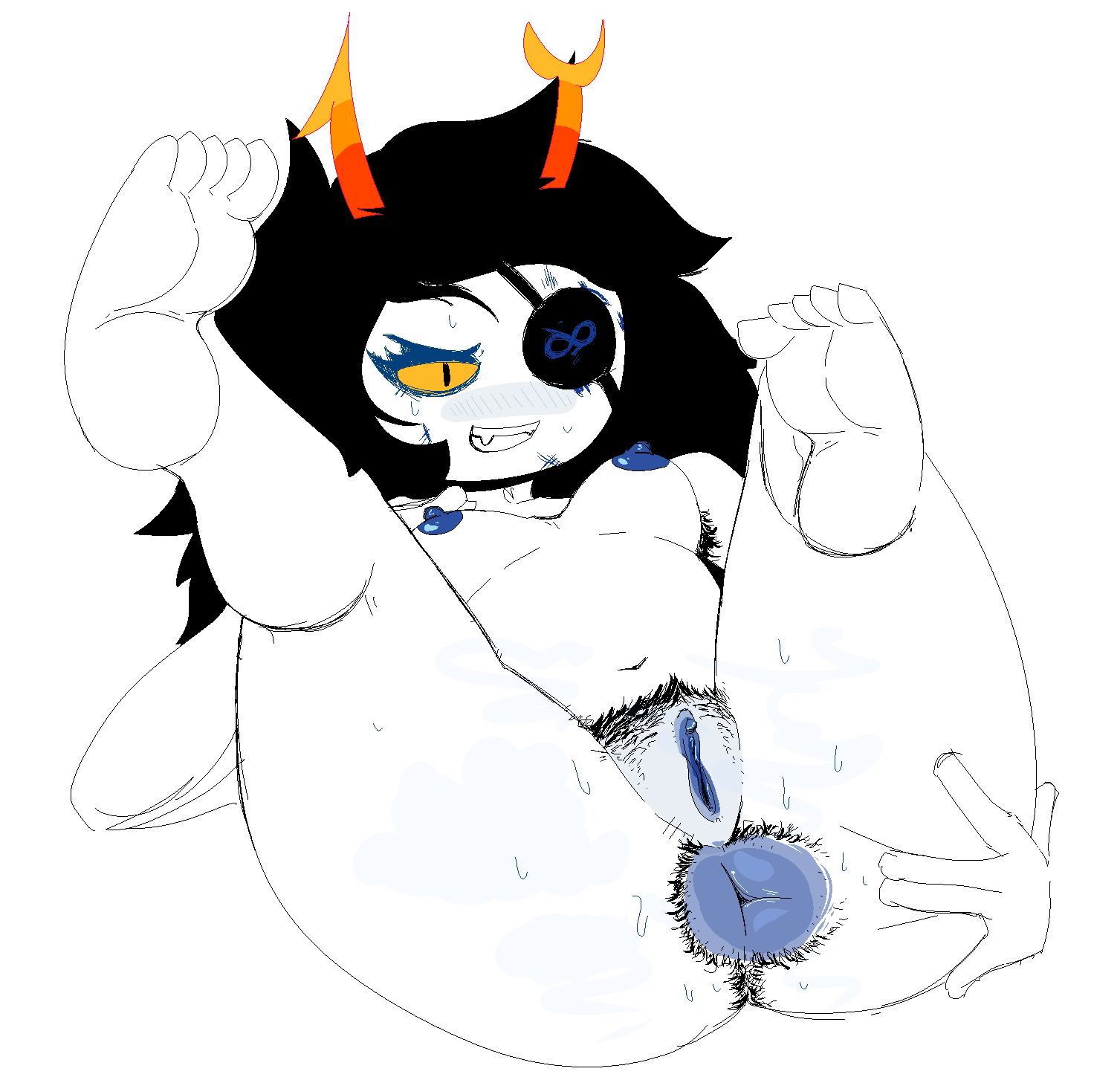 1girls 2021 anal_hair anus armpit_hair ass black_hair blue_nipples blush bodily_fluids breasts eye_patch fangs female genitals hairy_anus hairy_ass hairy_pussy hi_res homestuck homestuck^2 horns humanoid long_hair ms_paint_adventures musk nipples nude presenting pubes pubic_hair pussy smell smelly smile solo spread_butt spreading sweat troll vriska_serket webcomic white_background white_skin yellow_eyes yumyumyeen